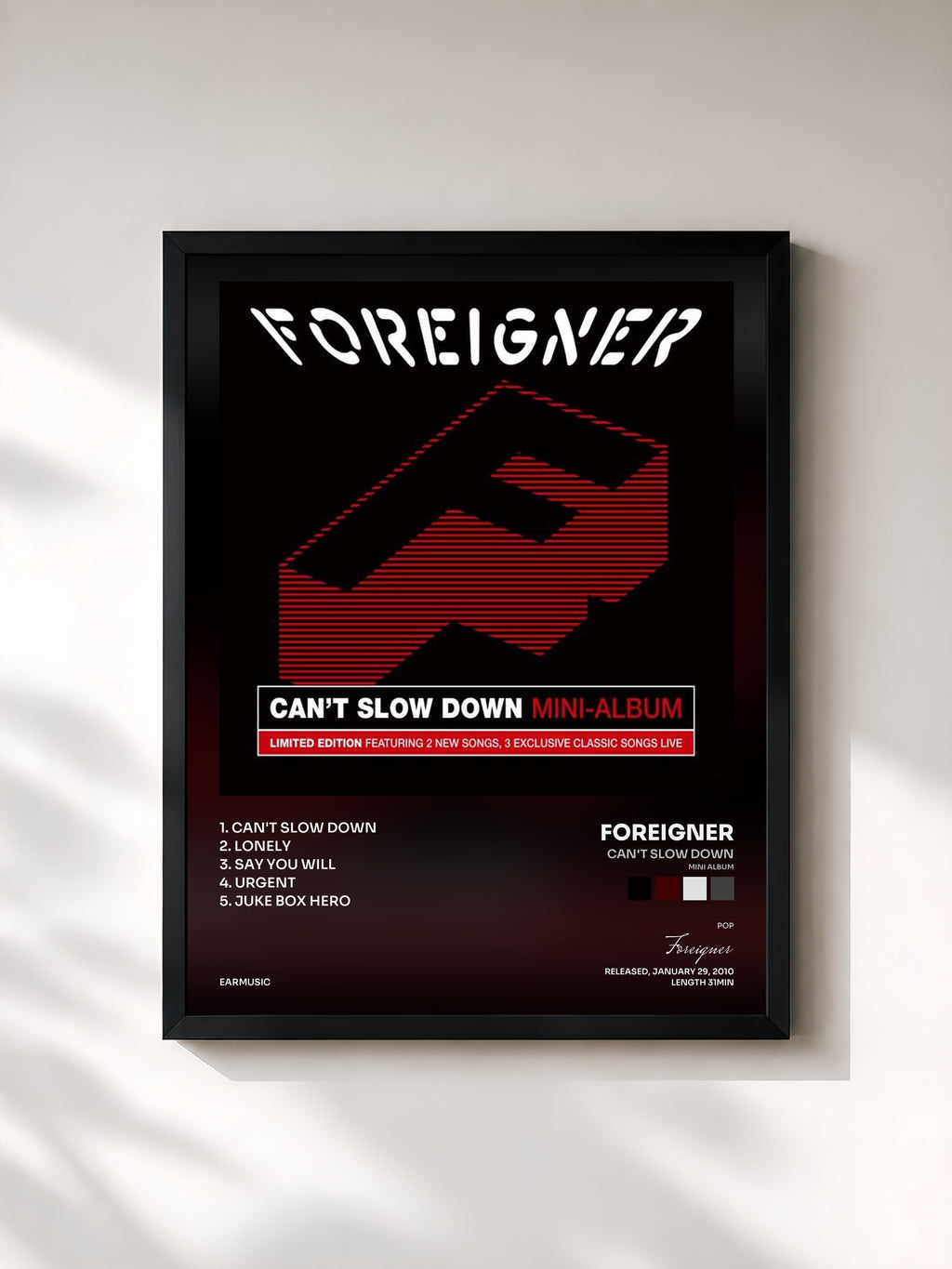 #noir Tableau de l'album Can't Slow Down (Mini Album) de Foreigner, cadre noir, imprimé et encadré en France