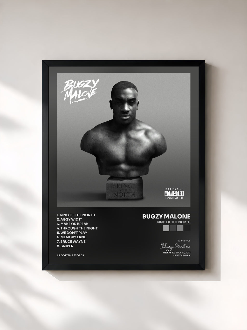 #noir Tableau de l'album King Of The North de Bugzy Malone, cadre noir, imprimé et encadré en France