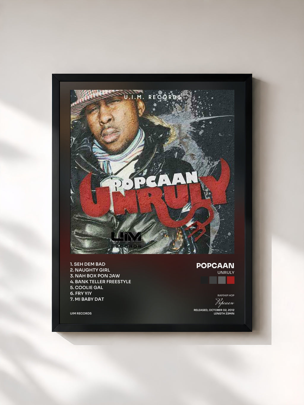 #noir Tableau de l'album Unruly de Popcaan, cadre noir, imprimé et encadré en France