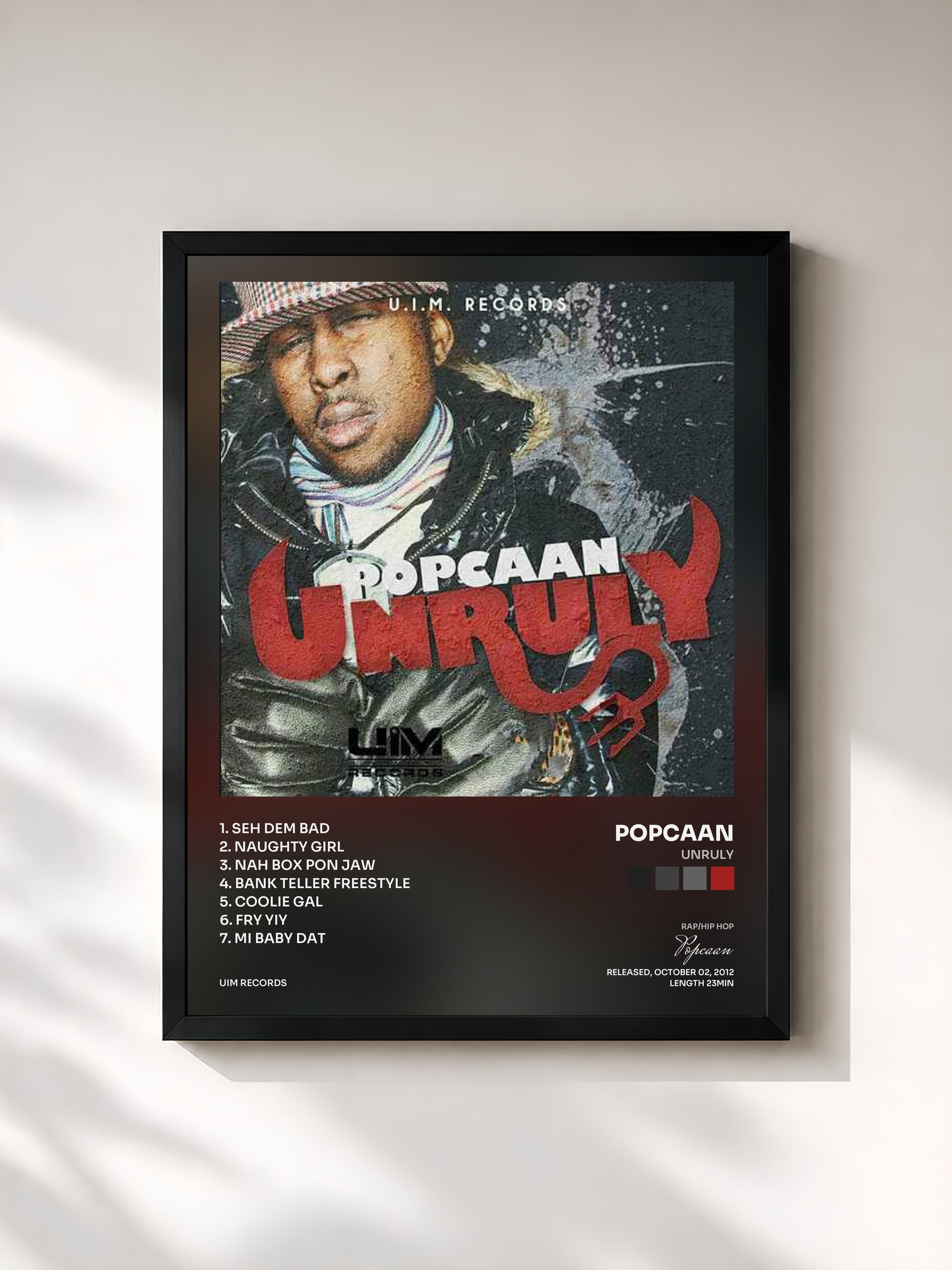 #noir Tableau de l'album Unruly de Popcaan, cadre noir, imprimé et encadré en France