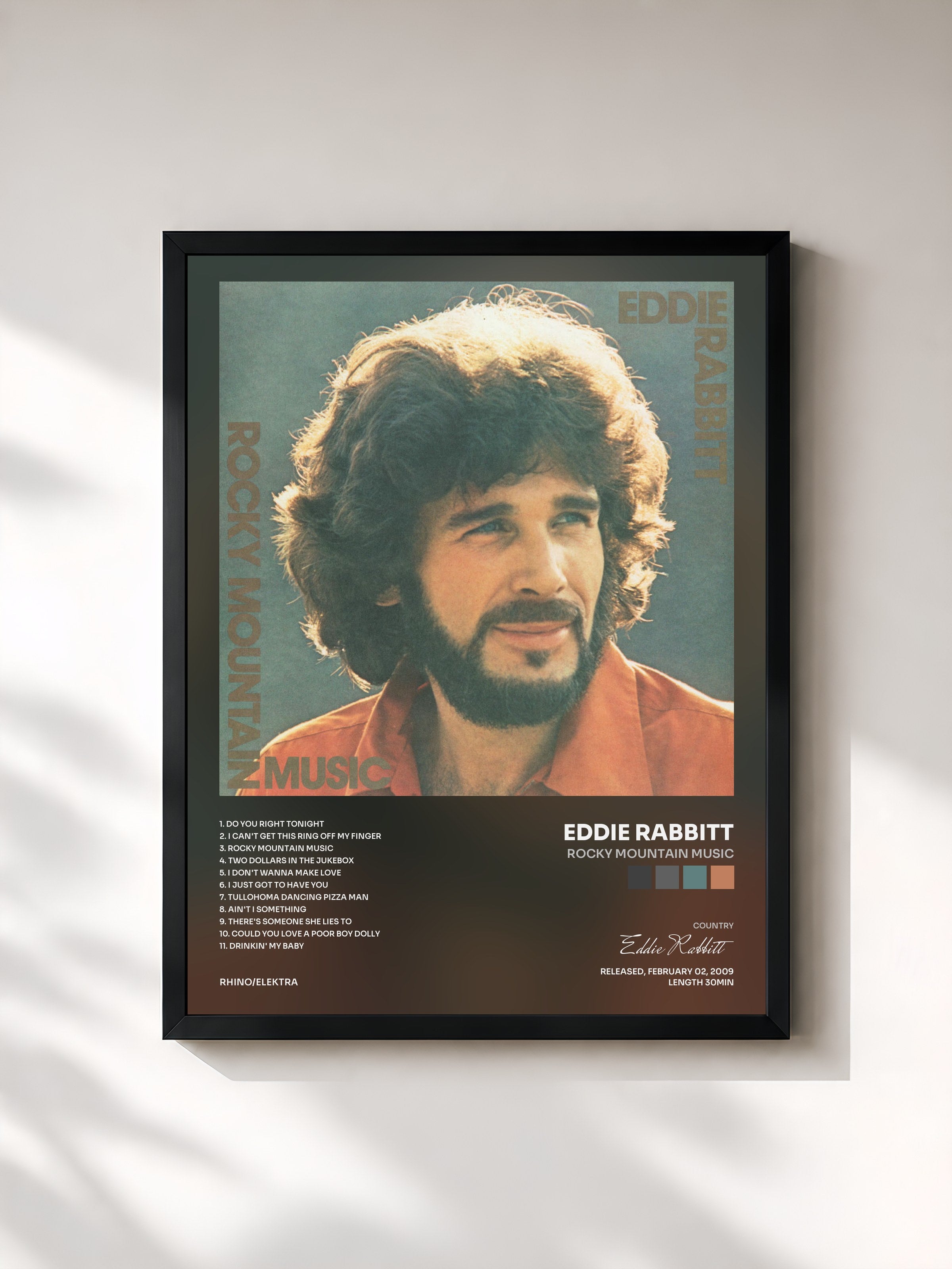 #noir Tableau de l'album Rocky Mountain Music de Eddie Rabbitt, cadre noir, imprimé et encadré en France