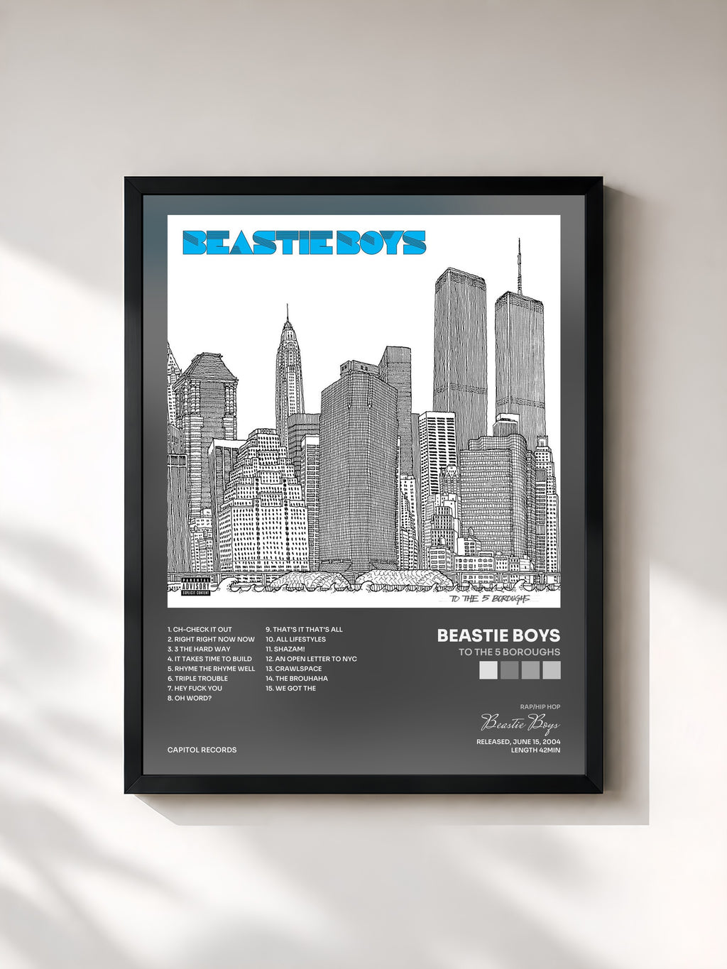 #noir Tableau de l'album To The 5 Boroughs de Beastie Boys, cadre noir, imprimé et encadré en France