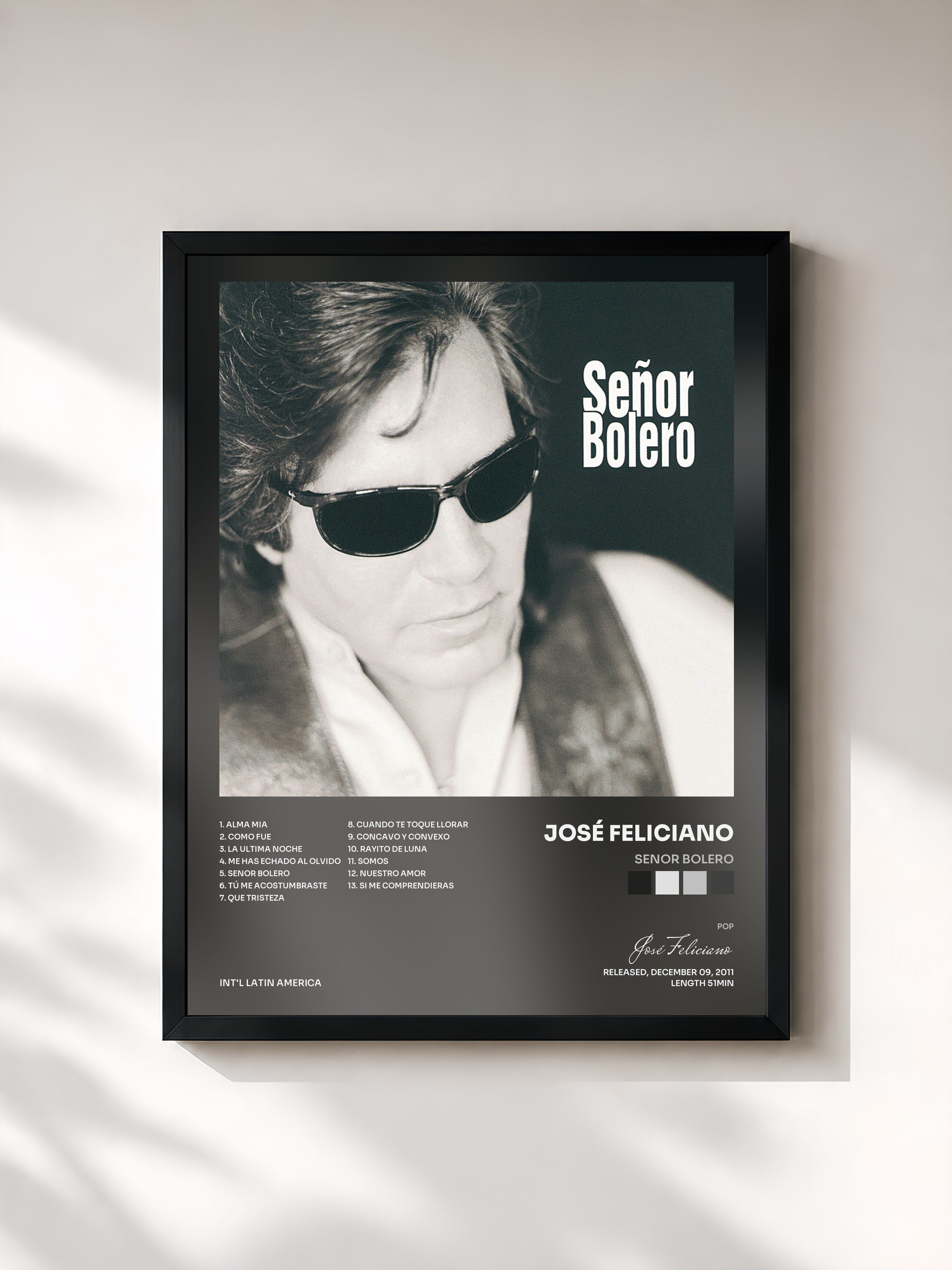 #noir Tableau de l'album Senor Bolero de José Feliciano, cadre noir, imprimé et encadré en France