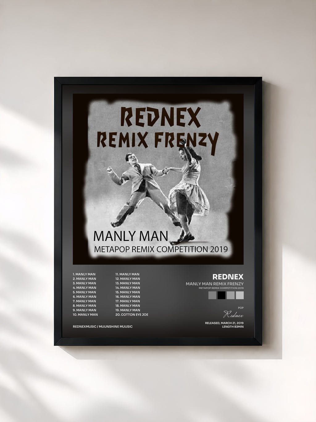 #noir Tableau de l'album Manly Man Remix Frenzy (Metapop Remix Competition 2019) de Rednex, cadre noir, imprimé et encadré en France