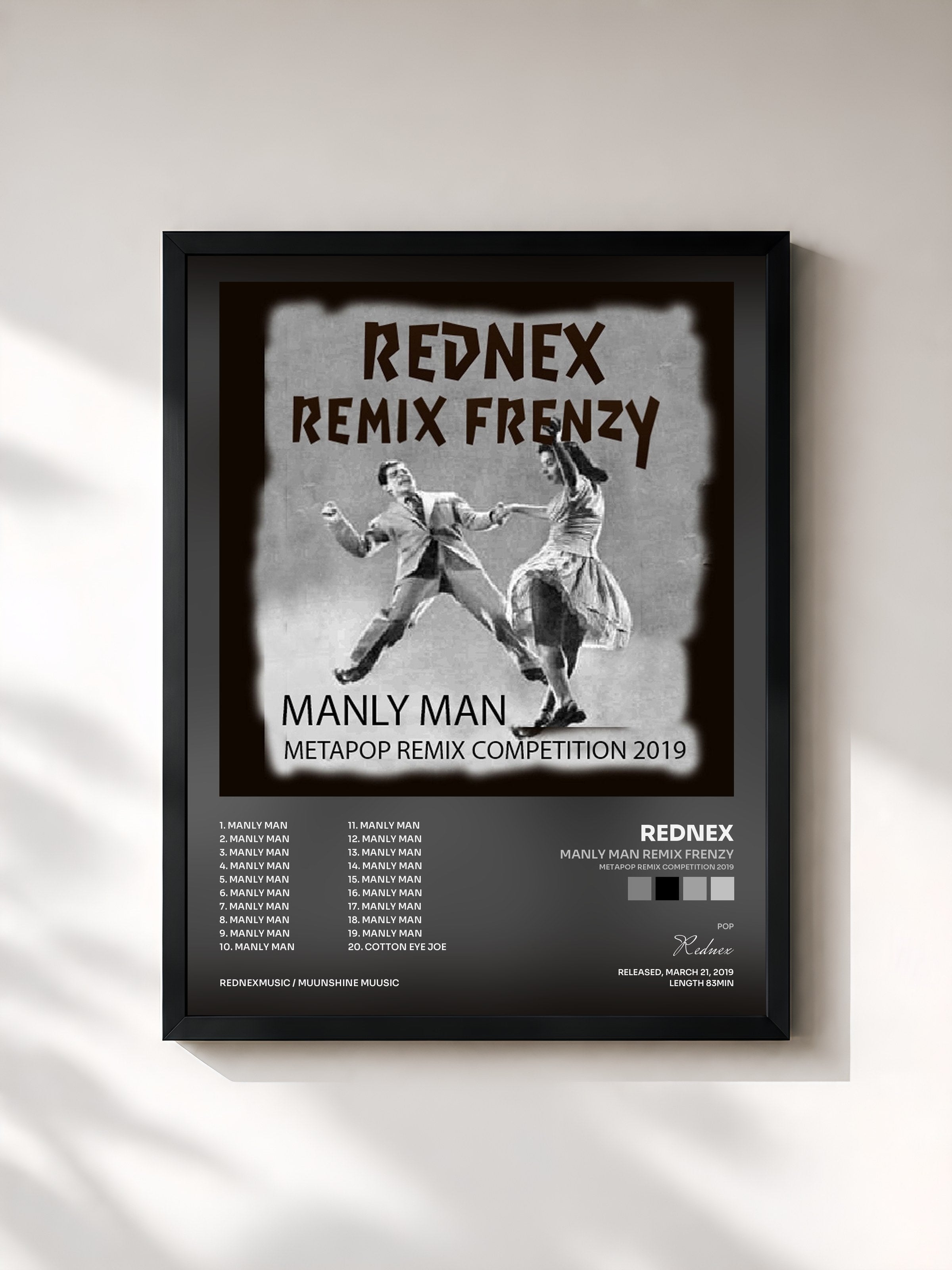 #noir Tableau de l'album Manly Man Remix Frenzy (Metapop Remix Competition 2019) de Rednex, cadre noir, imprimé et encadré en France