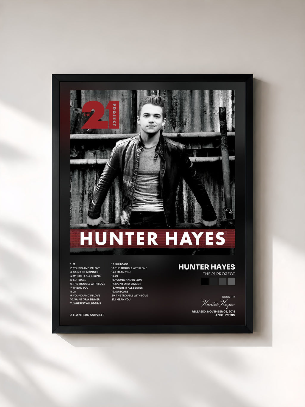 #noir Tableau de l'album The 21 Project de Hunter Hayes, cadre noir, imprimé et encadré en France