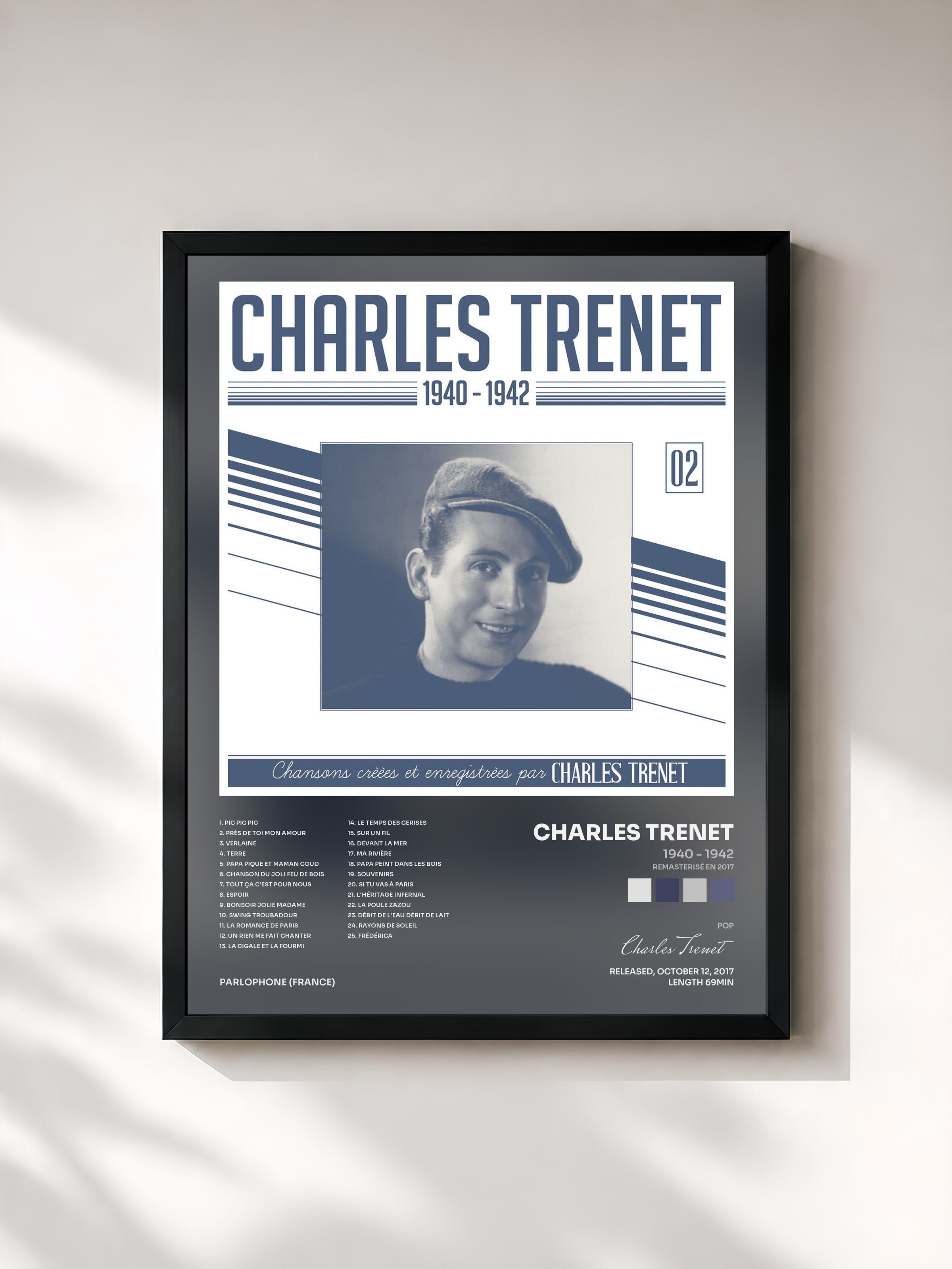 #noir Tableau de l'album 1940 - 1942 (Remasterisé en 2017) de Charles Trenet, cadre noir, imprimé et encadré en France