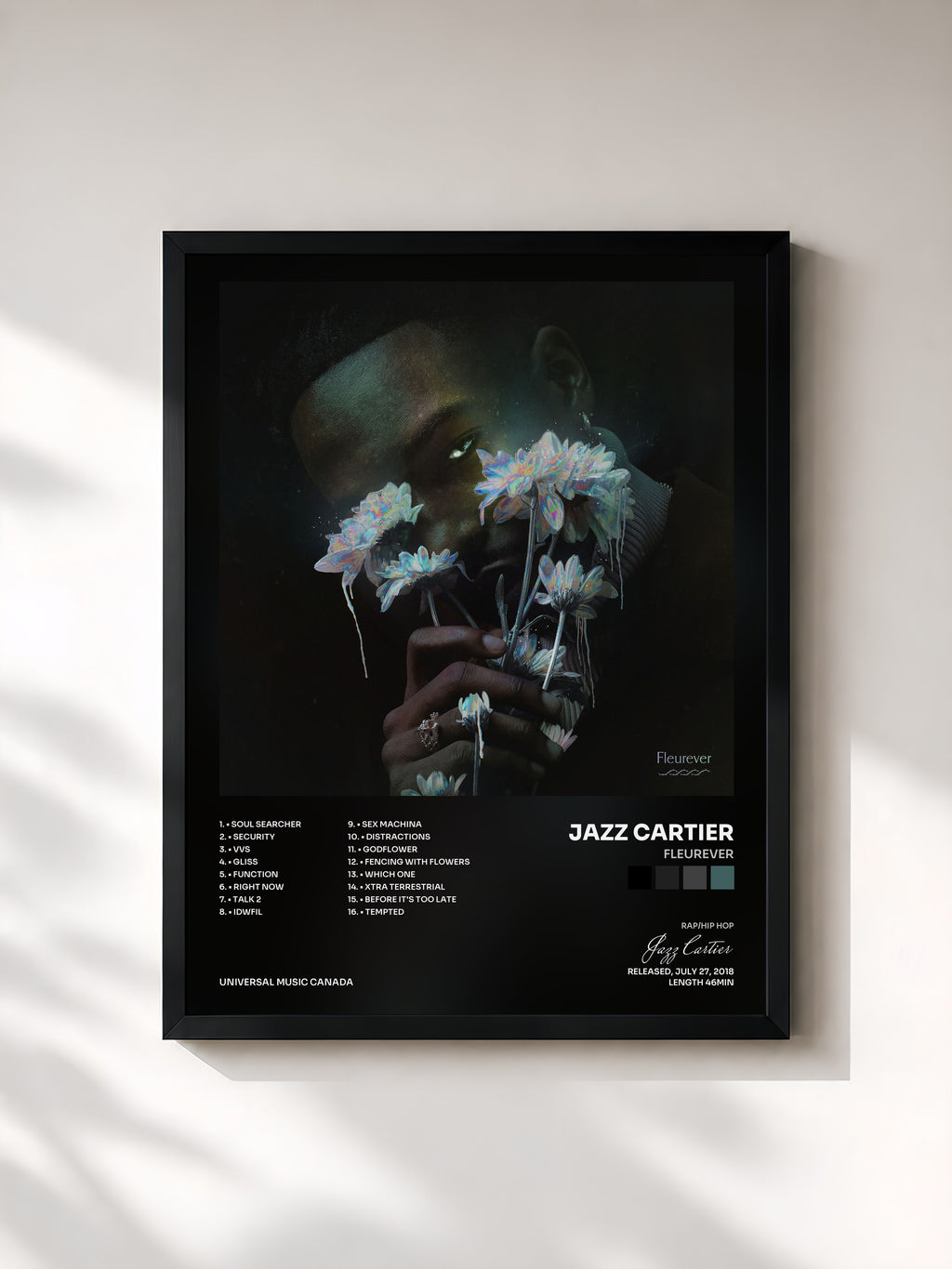 #noir Tableau de l'album Fleurever de Jazz Cartier, cadre noir, imprimé et encadré en France