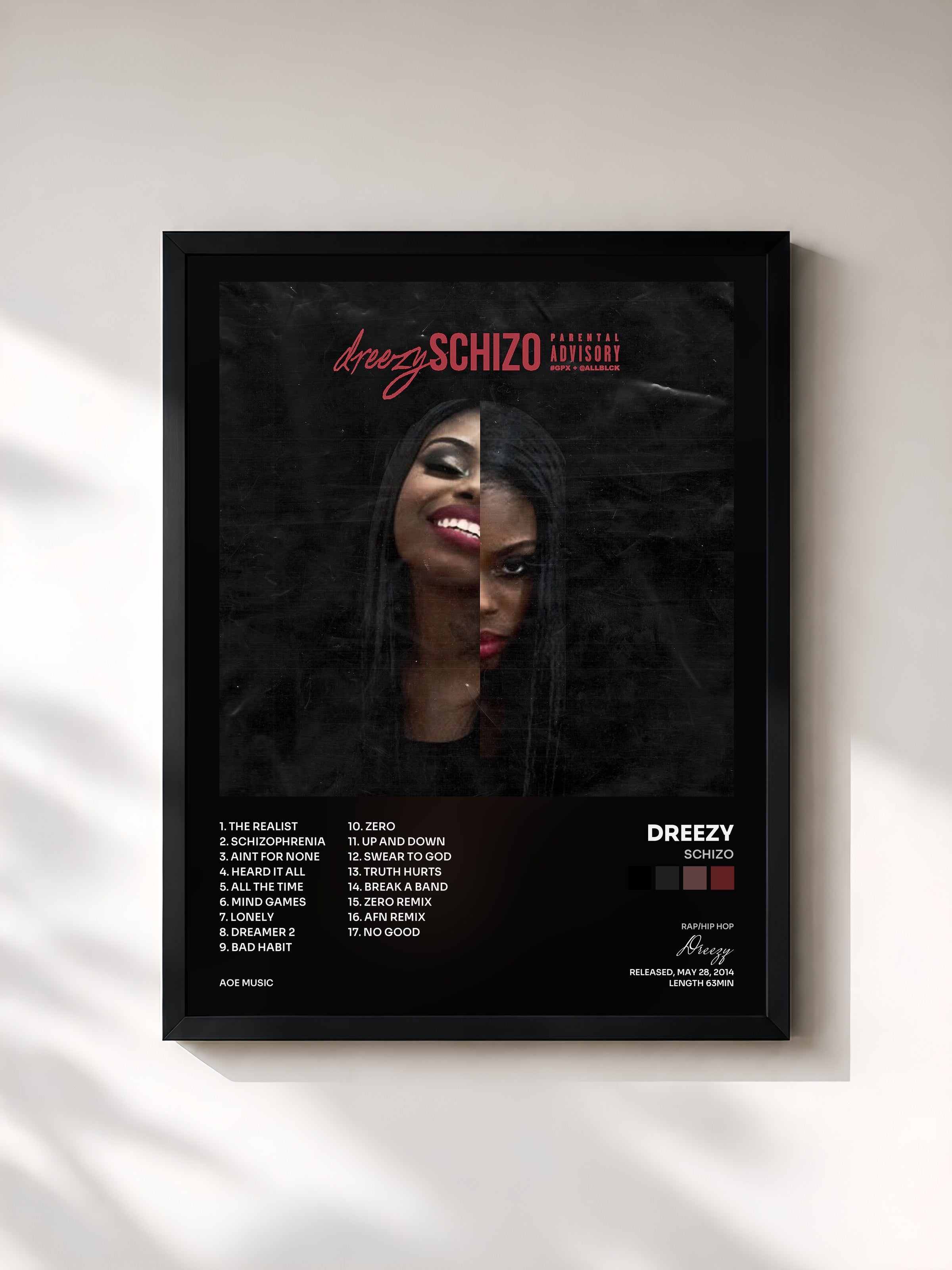 #noir Tableau de l'album Schizo de Dreezy, cadre noir, imprimé et encadré en France