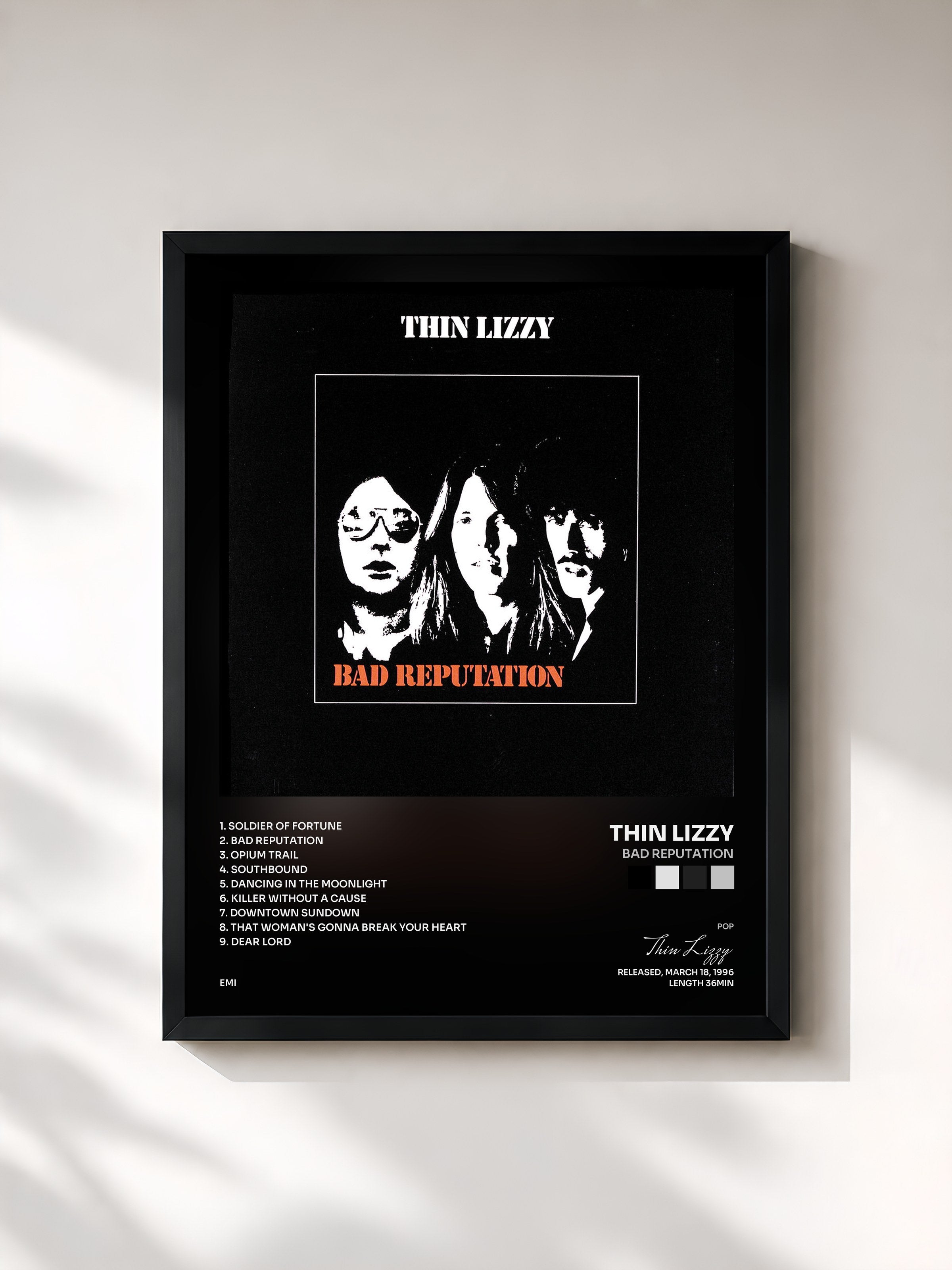 #noir Tableau de l'album Bad Reputation de Thin Lizzy, cadre noir, imprimé et encadré en France