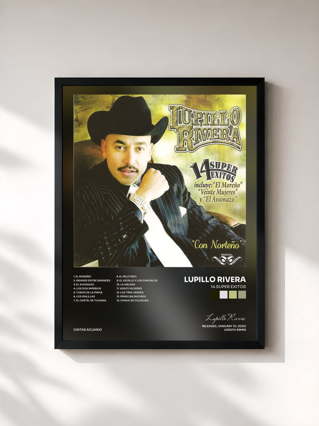 #noir Tableau de l'album 14 Super Exitos de Lupillo Rivera, cadre noir, imprimé et encadré en France