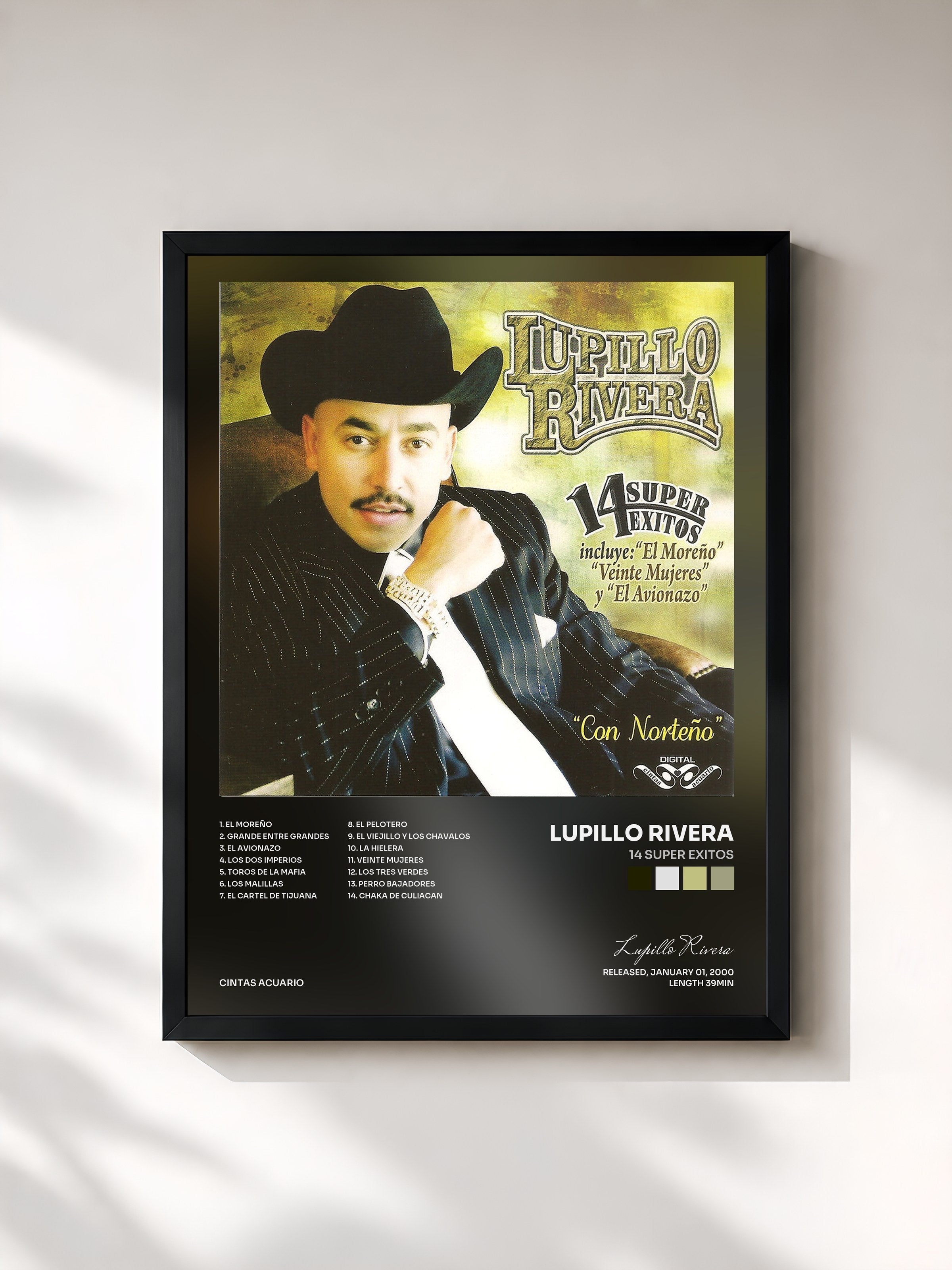 #noir Tableau de l'album 14 Super Exitos de Lupillo Rivera, cadre noir, imprimé et encadré en France