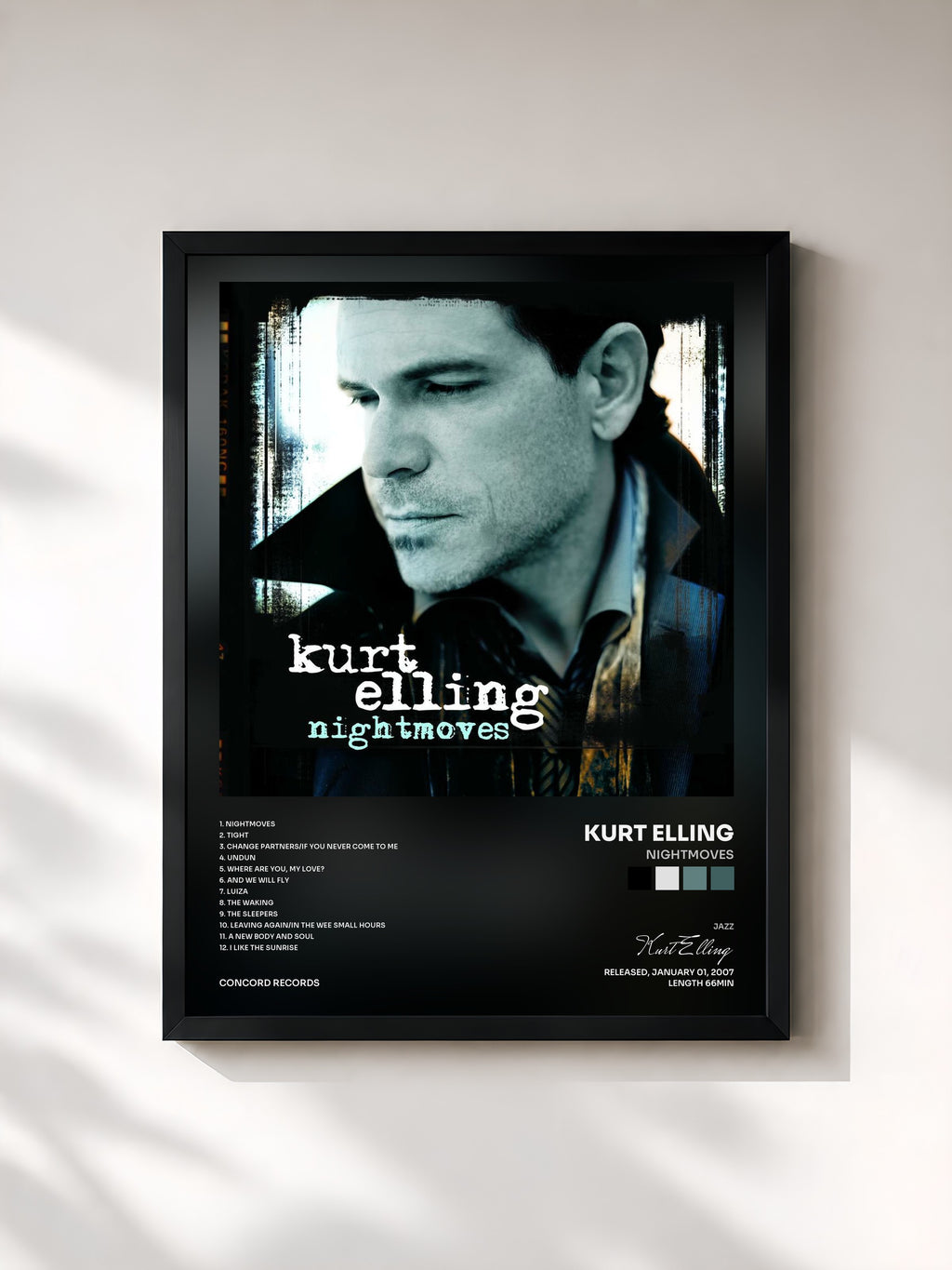 #noir Tableau de l'album Nightmoves de Kurt Elling, cadre noir, imprimé et encadré en France
