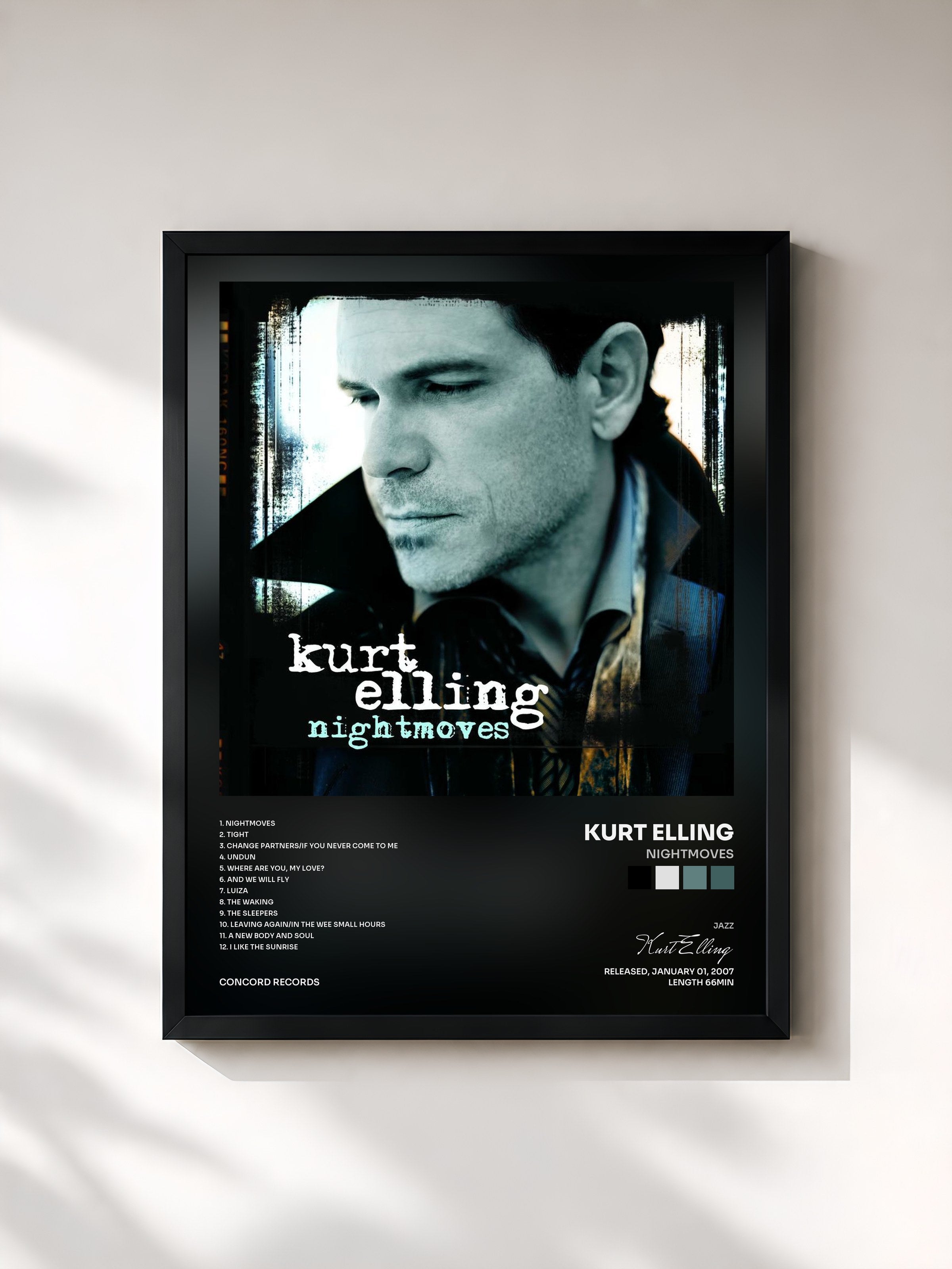 #noir Tableau de l'album Nightmoves de Kurt Elling, cadre noir, imprimé et encadré en France
