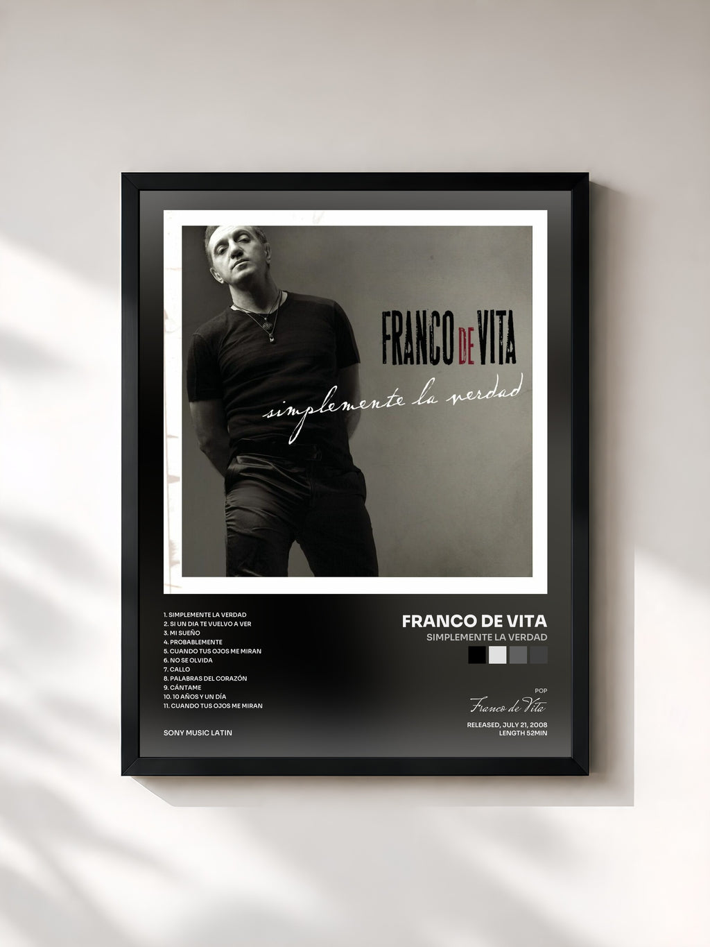#noir Tableau de l'album Simplemente La Verdad de Franco de Vita, cadre noir, imprimé et encadré en France