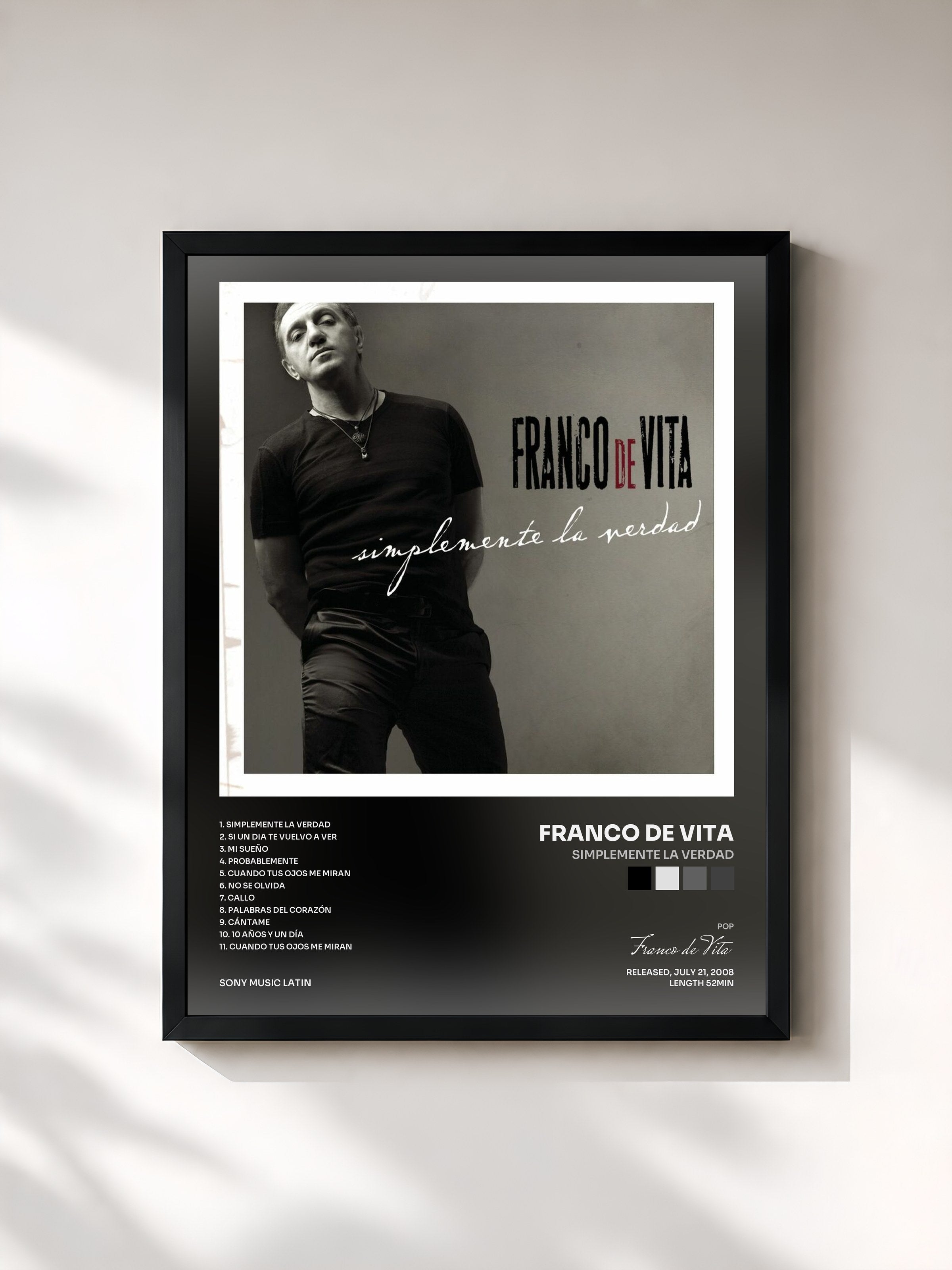 #noir Tableau de l'album Simplemente La Verdad de Franco de Vita, cadre noir, imprimé et encadré en France