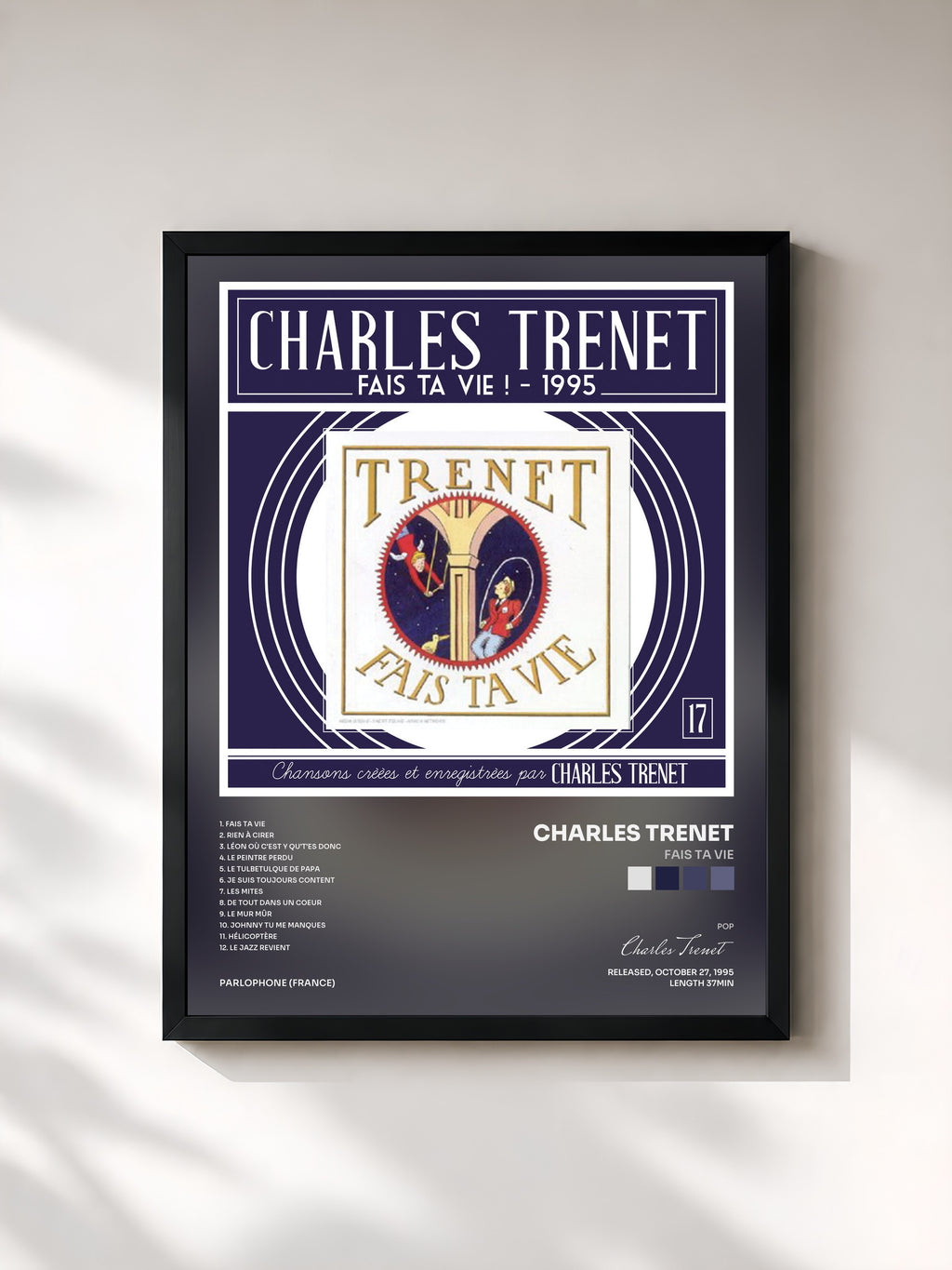 #noir Tableau de l'album Fais ta vie de Charles Trenet, cadre noir, imprimé et encadré en France
