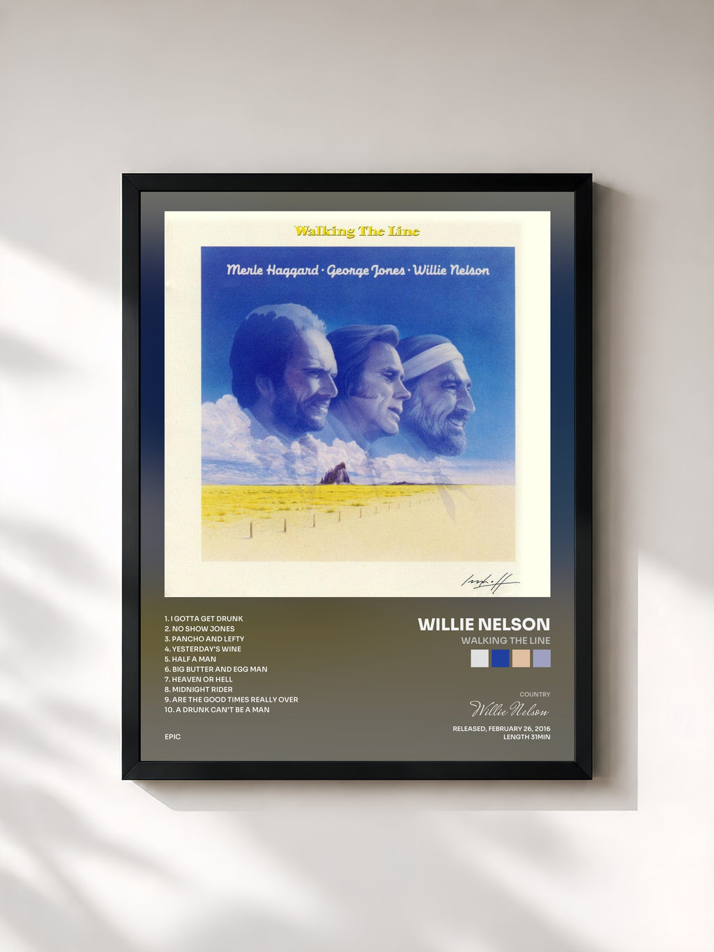 #noir Tableau de l'album Walking the Line de Willie Nelson, cadre noir, imprimé et encadré en France