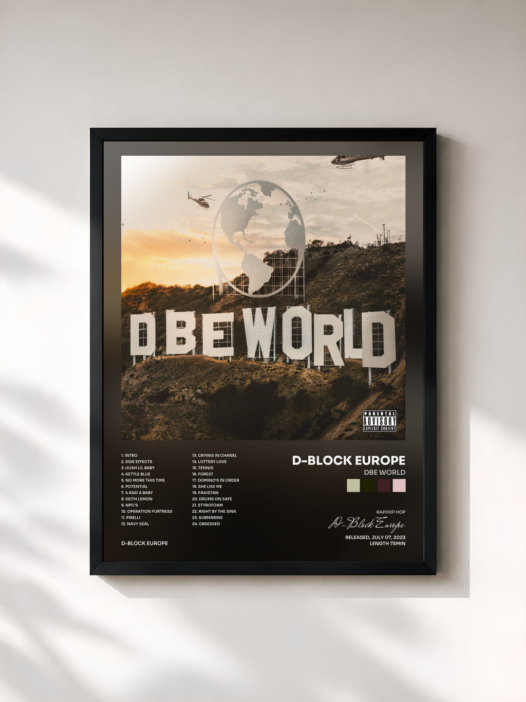 #noir Tableau de l'album DBE World de D-Block Europe, cadre noir, imprimé et encadré en France