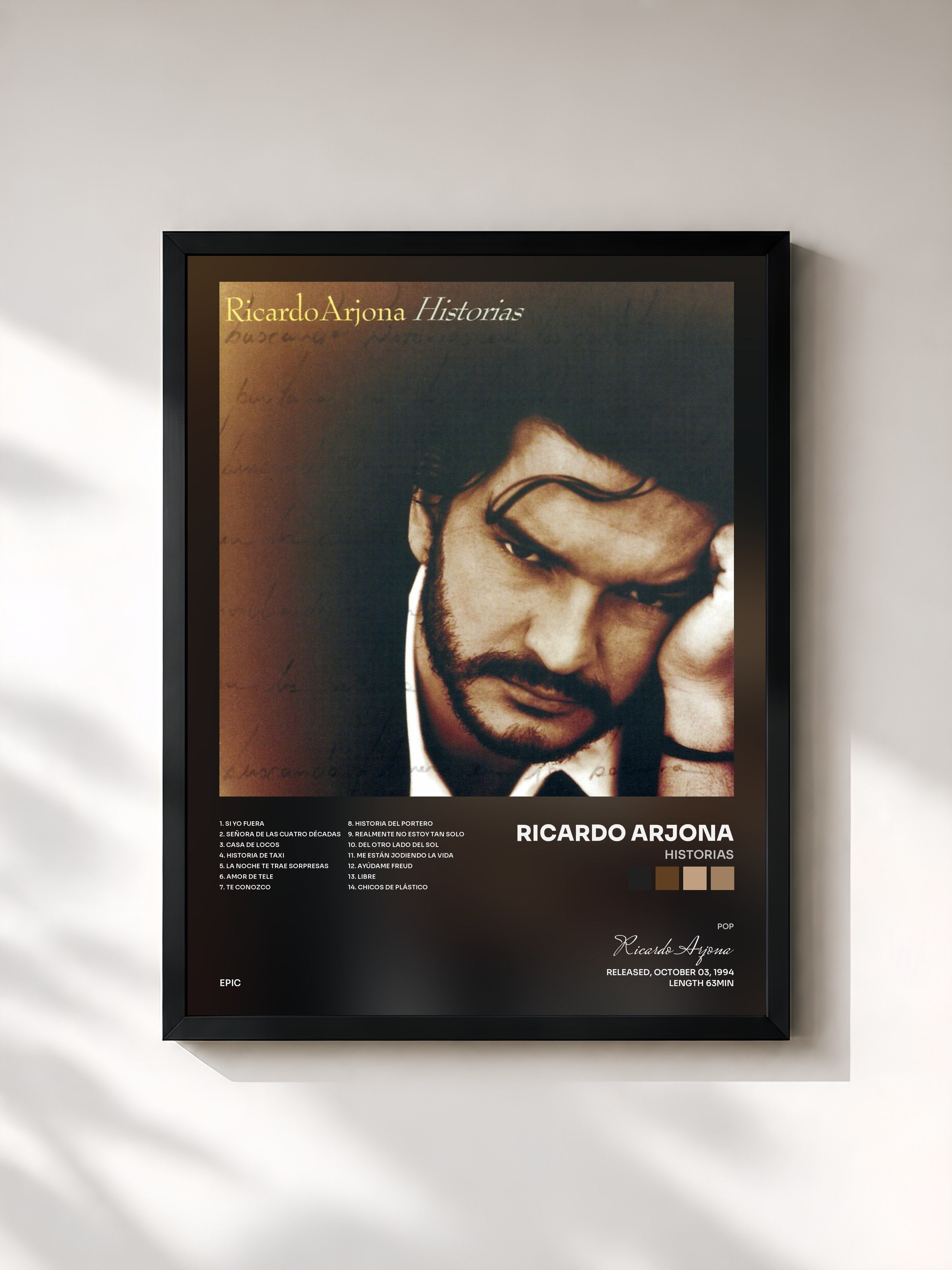 #noir Tableau de l'album Historias de Ricardo Arjona, cadre noir, imprimé et encadré en France