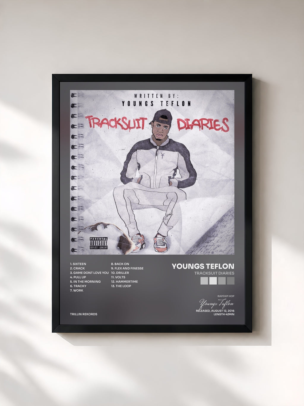 #noir Tableau de l'album Tracksuit Diaries de Youngs Teflon, cadre noir, imprimé et encadré en France