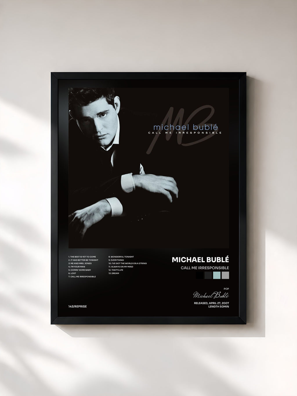 #noir Tableau de l'album Call Me Irresponsible de Michael Bublé, cadre noir, imprimé et encadré en France