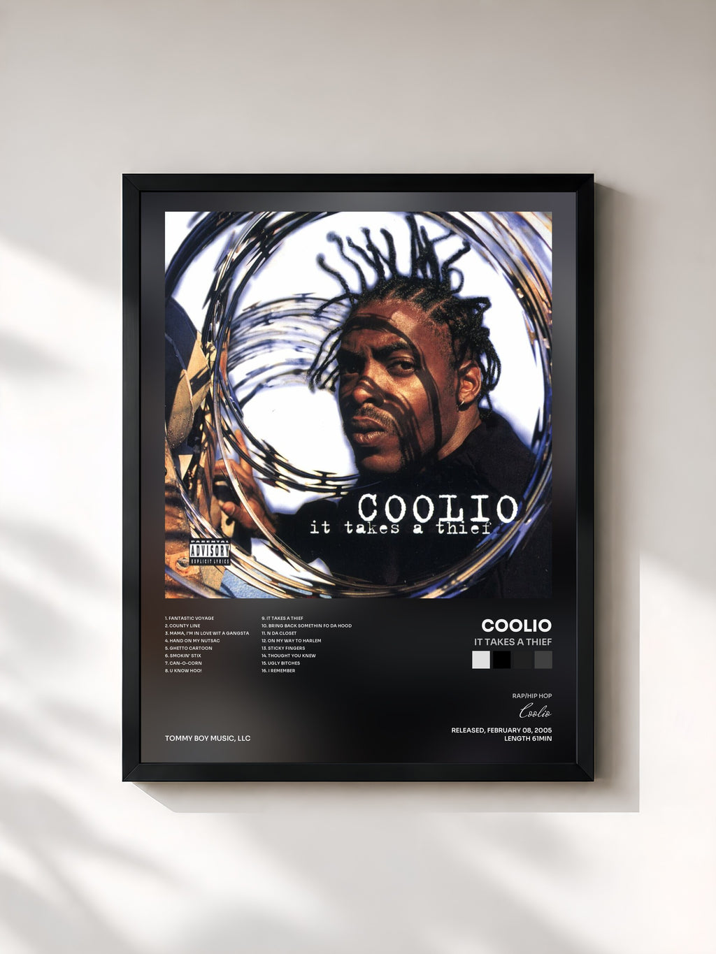 #noir Tableau de l'album It Takes a Thief de Coolio, cadre noir, imprimé et encadré en France