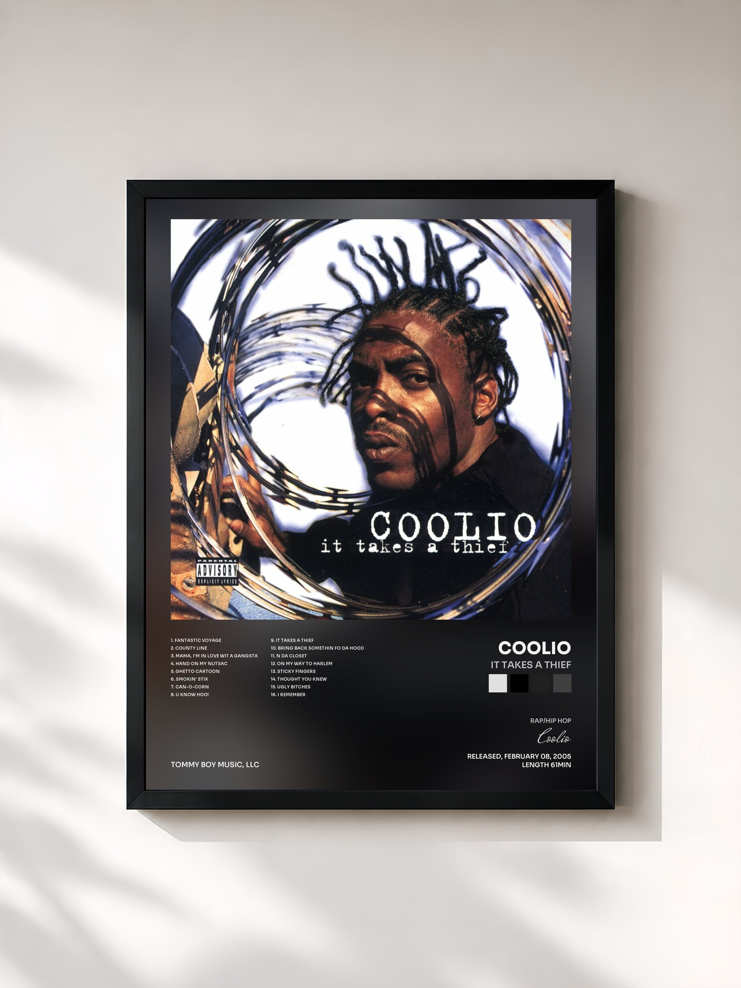 #noir Tableau de l'album It Takes a Thief de Coolio, cadre noir, imprimé et encadré en France