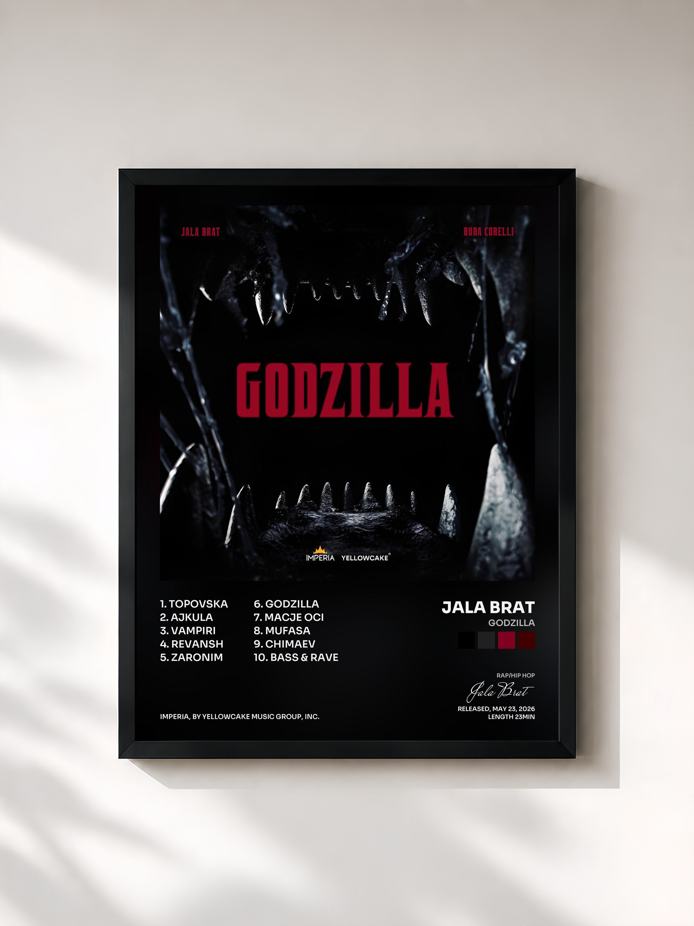 #noir Tableau de l'album GODZILLA de Jala Brat, cadre noir, imprimé et encadré en France