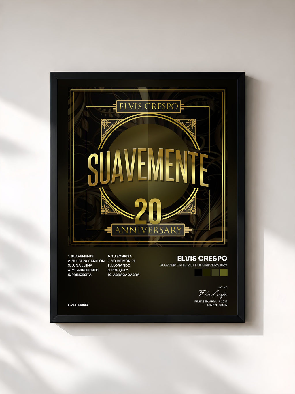 #noir Tableau de l'album Suavemente 20th Anniversary de Elvis Crespo, cadre noir, imprimé et encadré en France