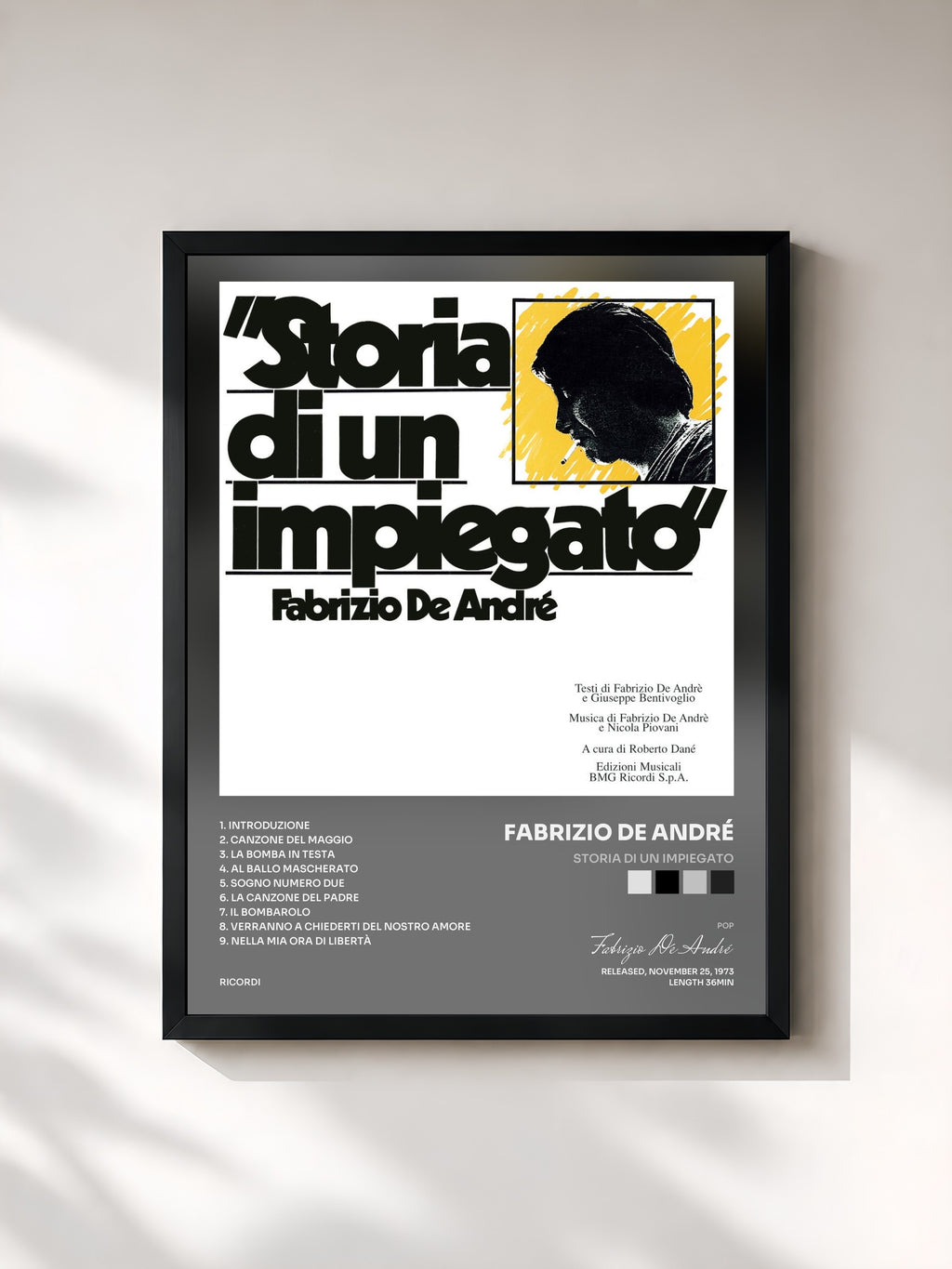 #noir Tableau de l'album Storia Di Un Impiegato de Fabrizio De André, cadre noir, imprimé et encadré en France