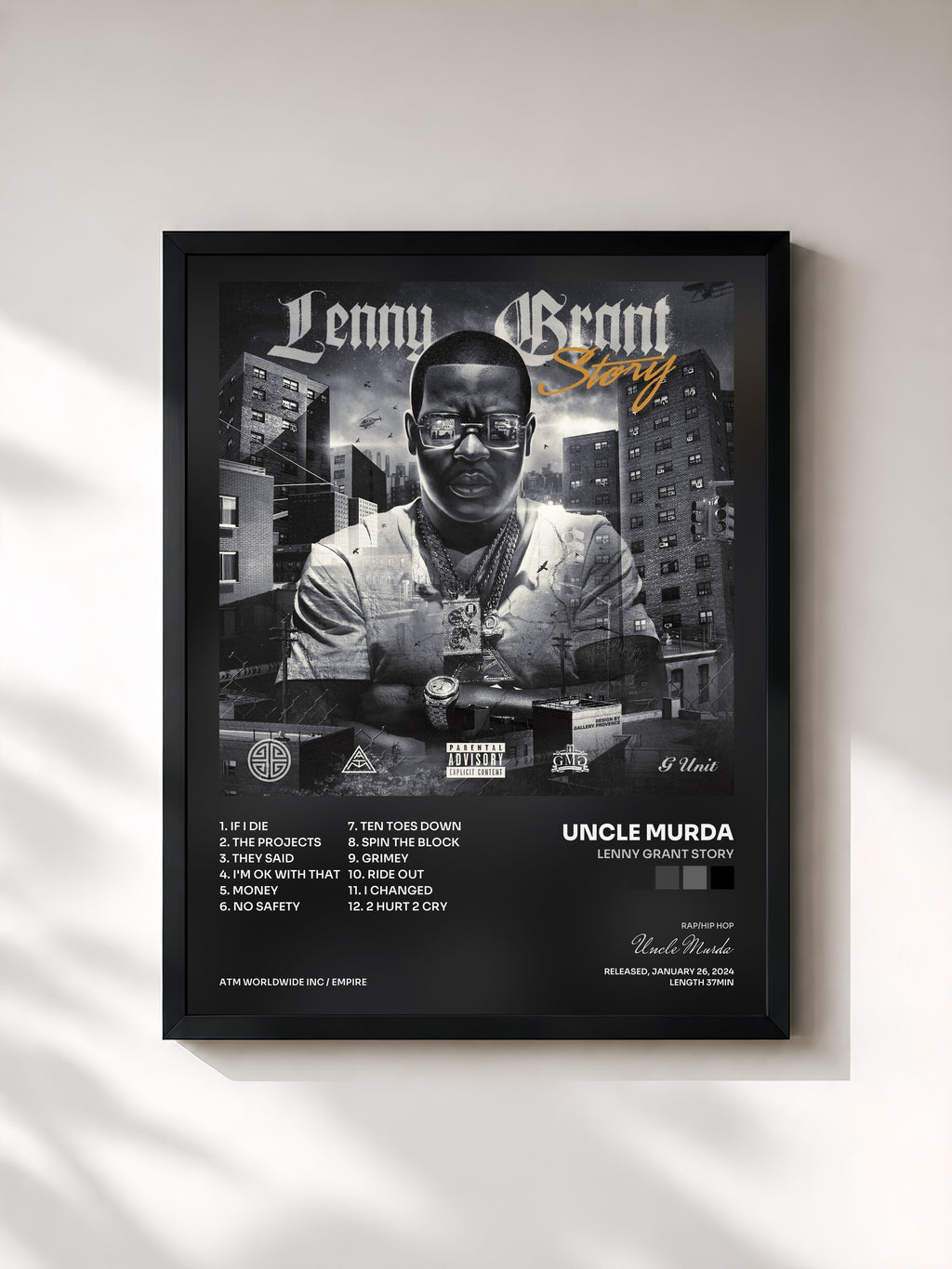#noir Tableau de l'album Lenny Grant Story de Uncle Murda, cadre noir, imprimé et encadré en France