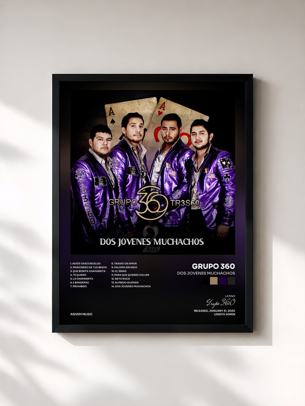 #noir Tableau de l'album Dos Jovenes Muchachos de Grupo 360, cadre noir, imprimé et encadré en France
