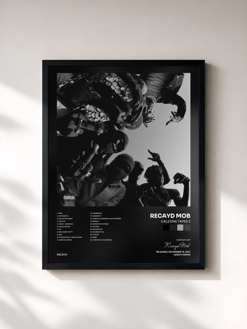 #noir Tableau de l'album Calzone Tapes 3 de Recayd Mob, cadre noir, imprimé et encadré en France