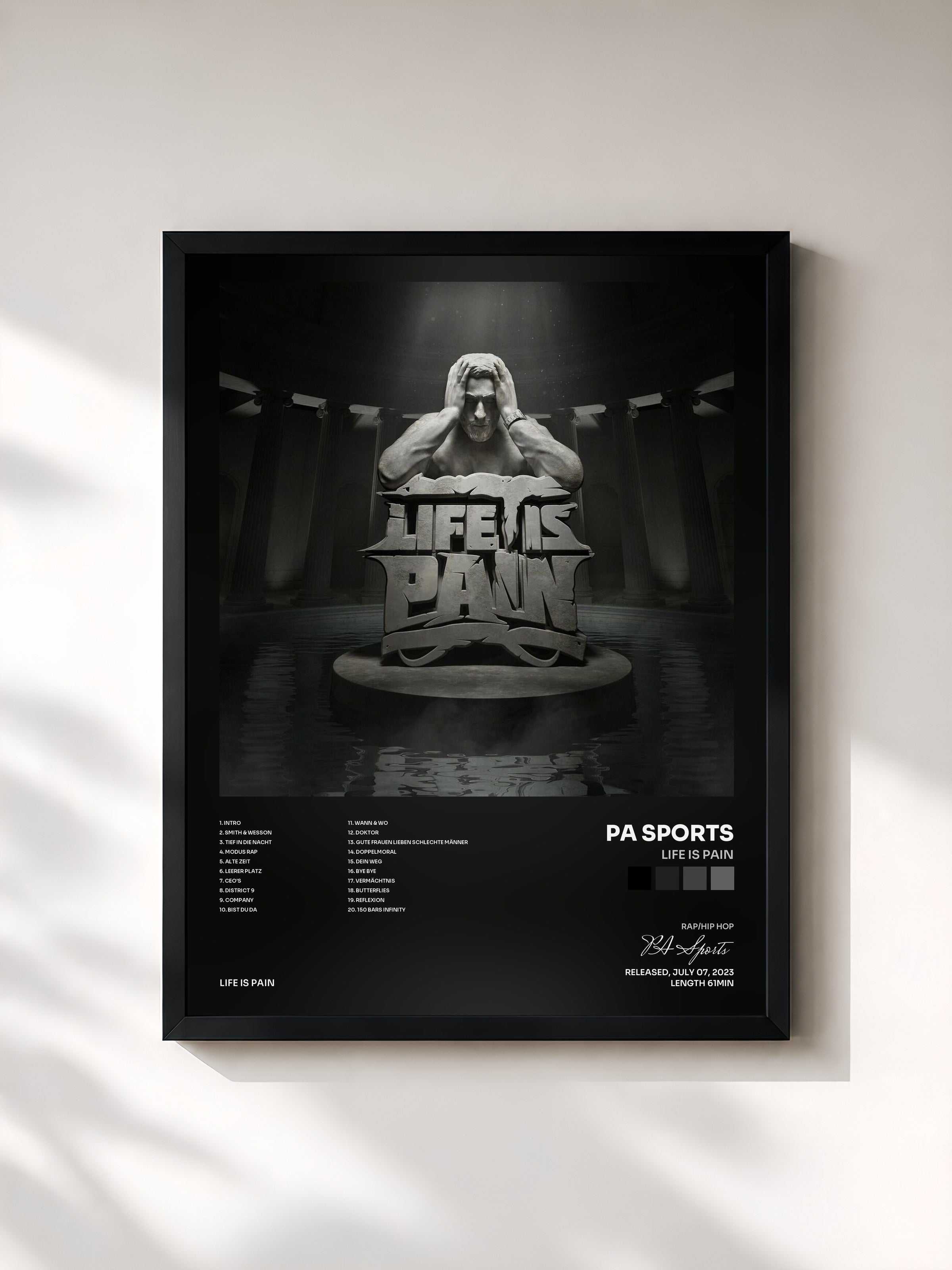 #noir Tableau de l'album LIFE IS PAIN de PA Sports, cadre noir, imprimé et encadré en France