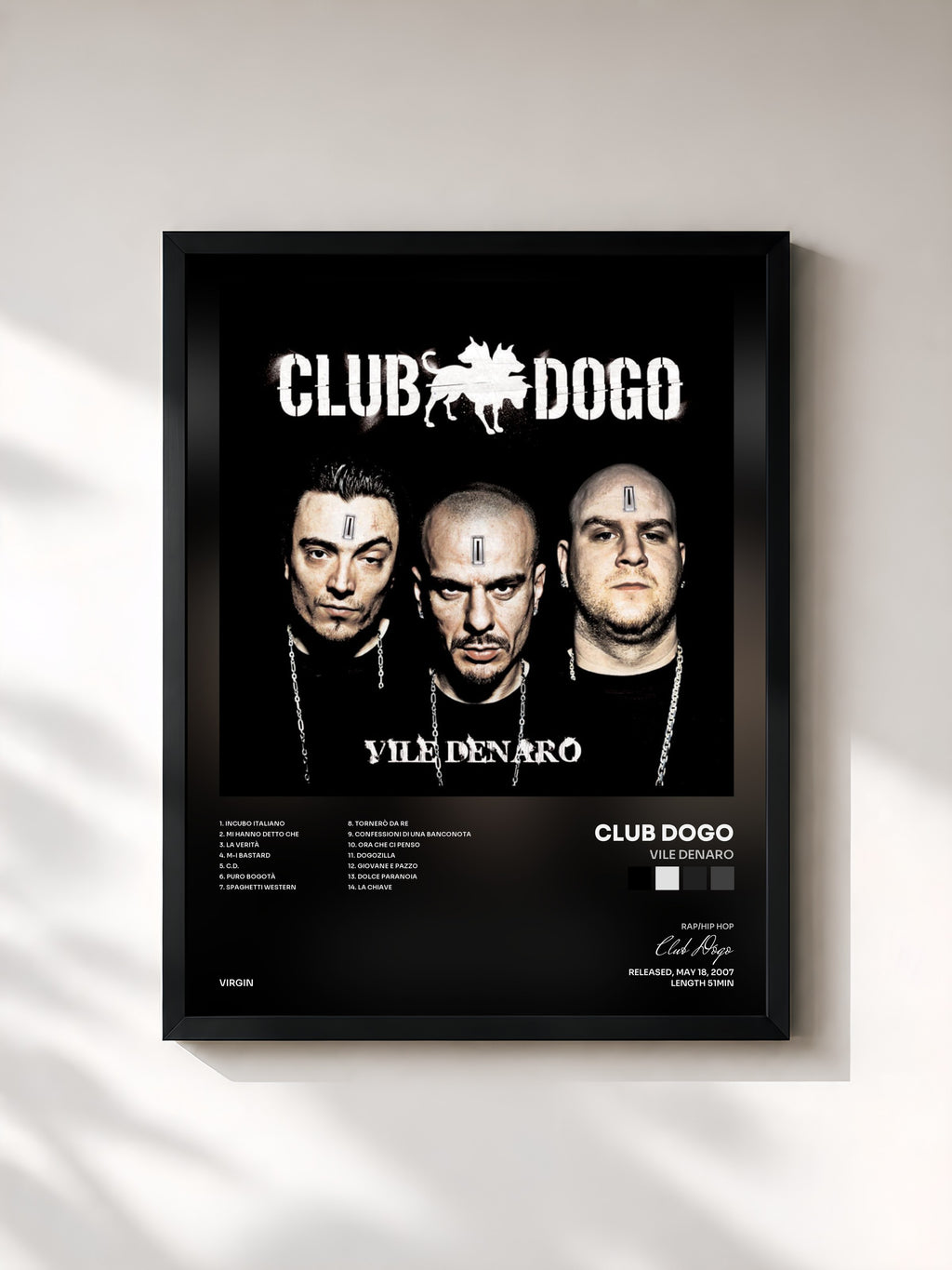 #noir Tableau de l'album Vile Denaro de Club Dogo, cadre noir, imprimé et encadré en France