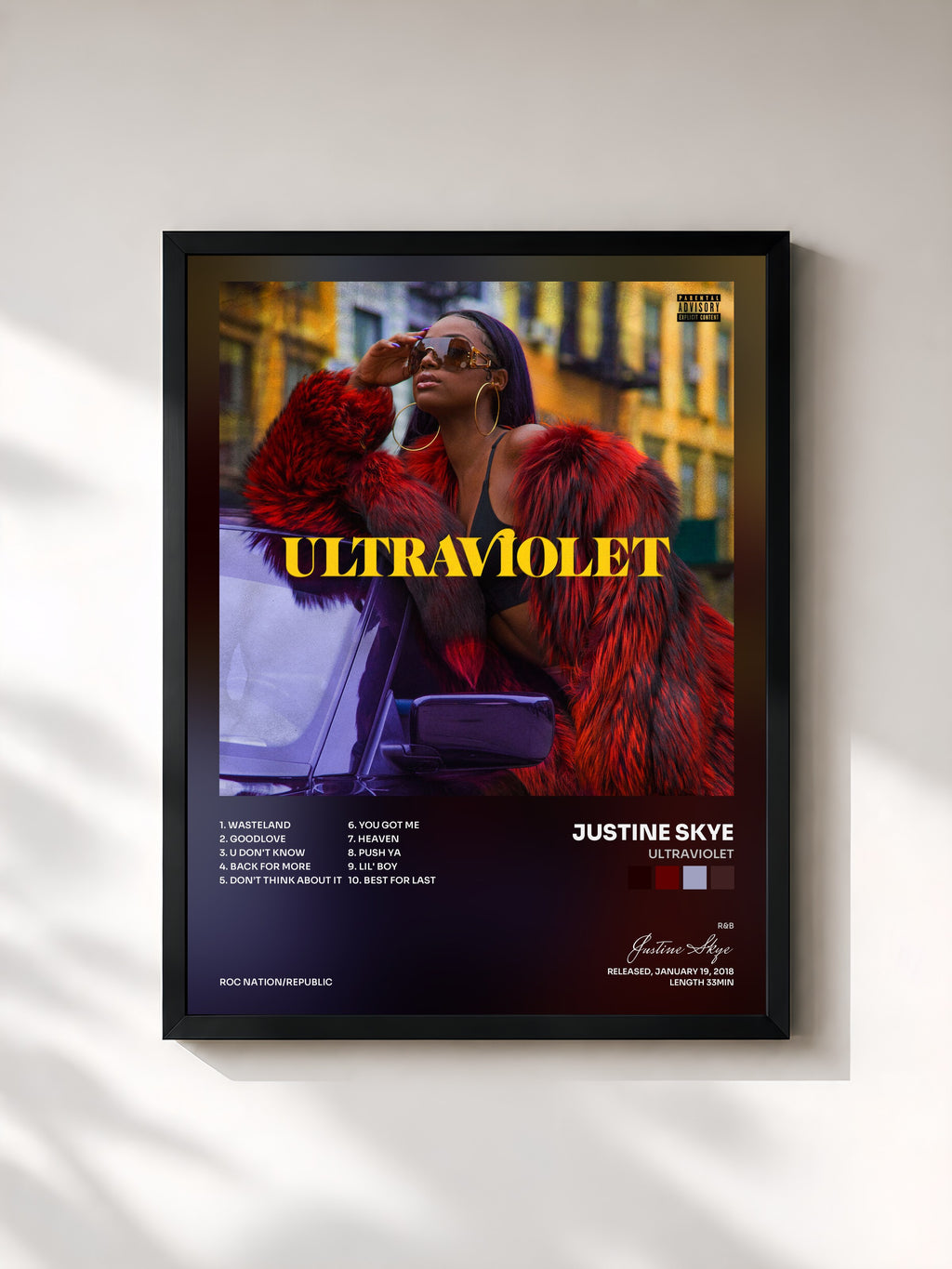 #noir Tableau de l'album ULTRAVIOLET de Justine Skye, cadre noir, imprimé et encadré en France