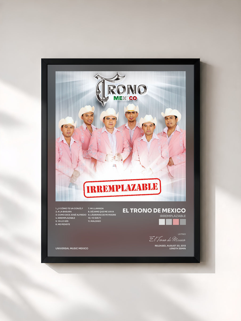 #noir Tableau de l'album Irremplazable de El Trono de Mexico, cadre noir, imprimé et encadré en France