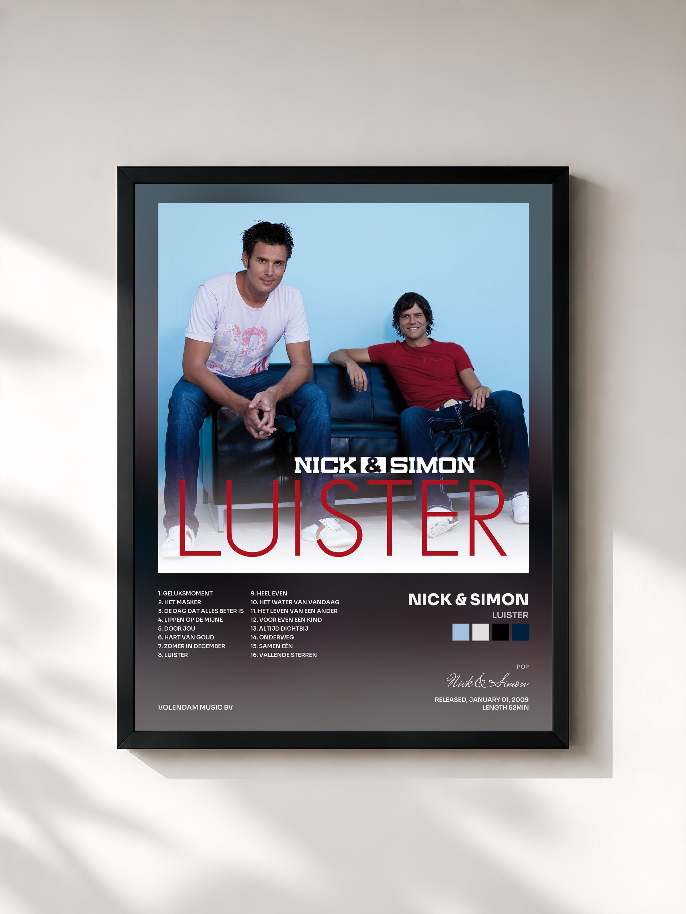 #noir Tableau de l'album Luister de Nick & Simon, cadre noir, imprimé et encadré en France