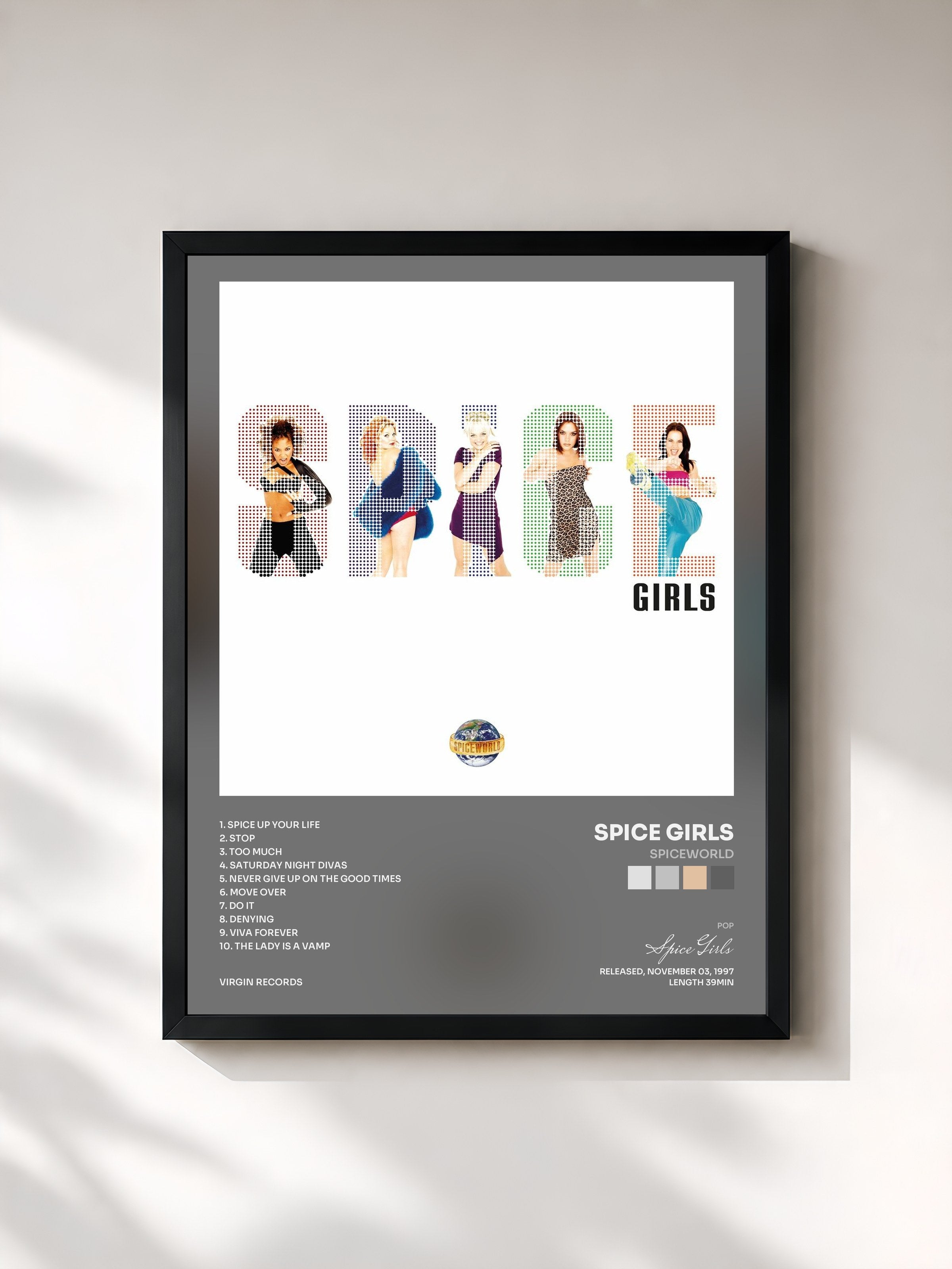 #noir Tableau de l'album Spiceworld de Spice Girls, cadre noir, imprimé et encadré en France