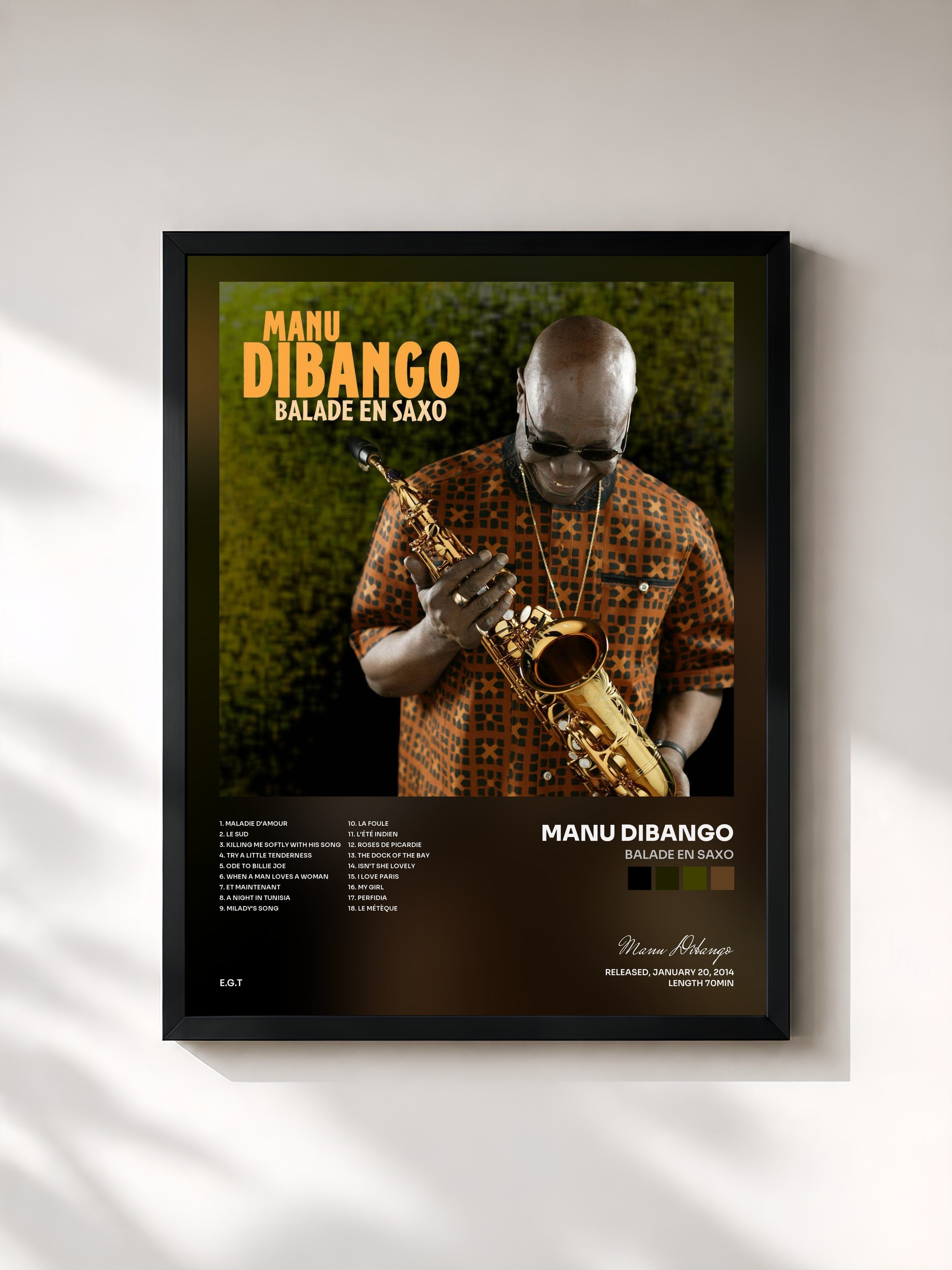 #noir Tableau de l'album Balade en Saxo de Manu Dibango, cadre noir, imprimé et encadré en France