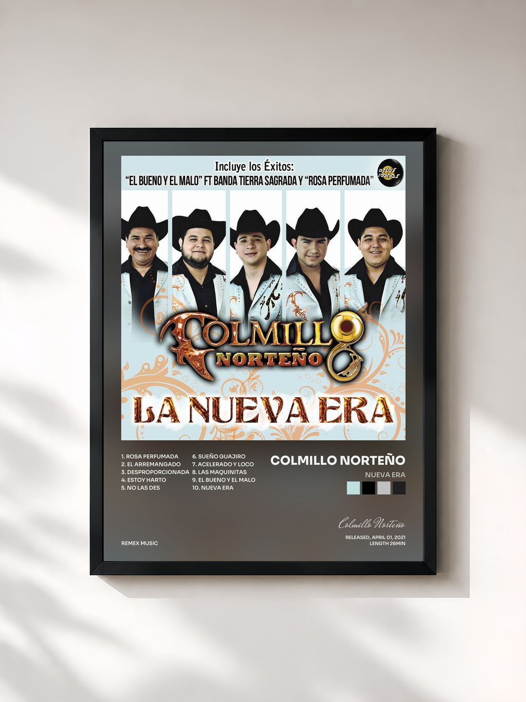 #noir Tableau de l'album Nueva Era de Colmillo Norteño, cadre noir, imprimé et encadré en France