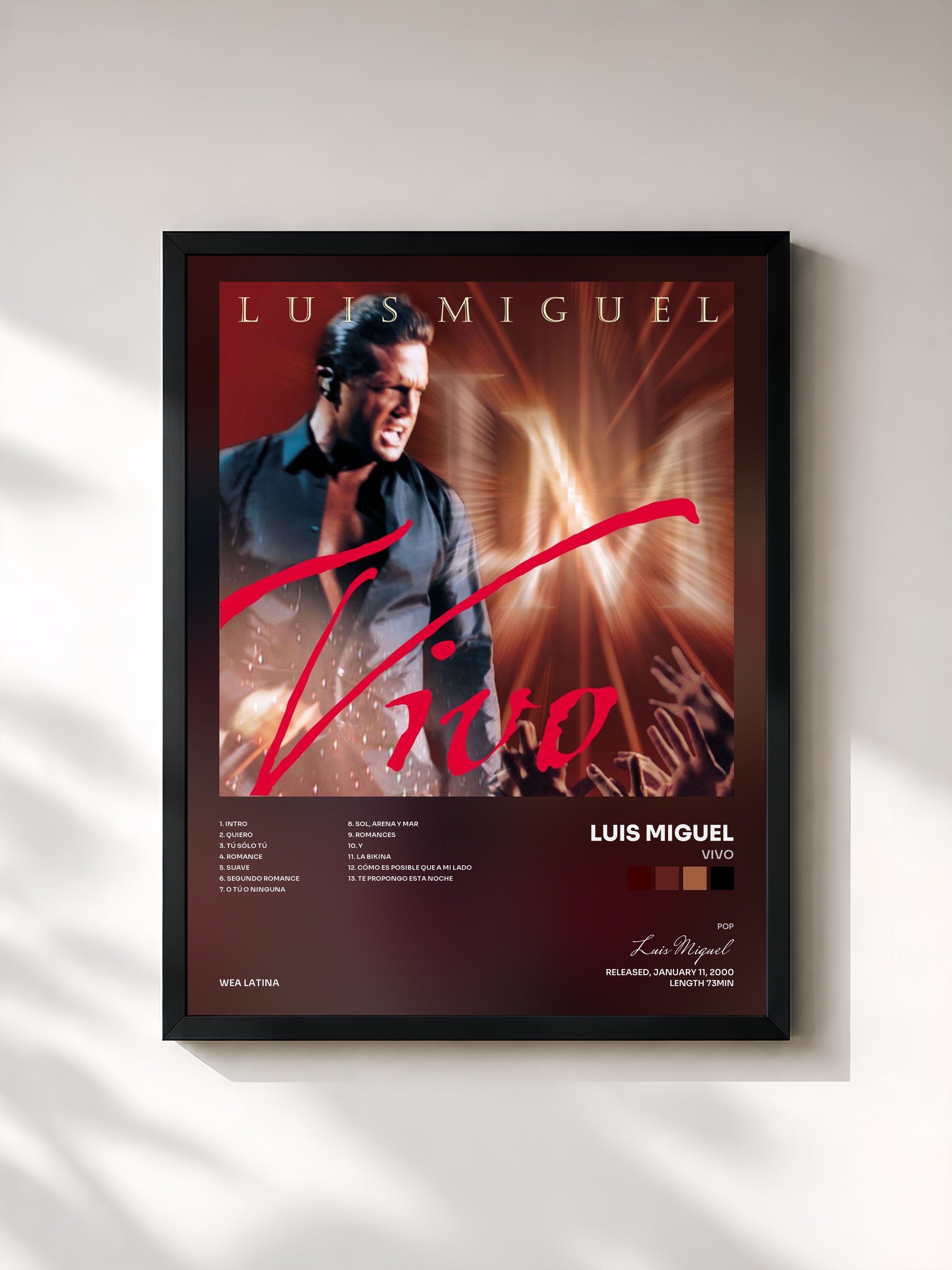 #noir Tableau de l'album Vivo de Luis Miguel, cadre noir, imprimé et encadré en France