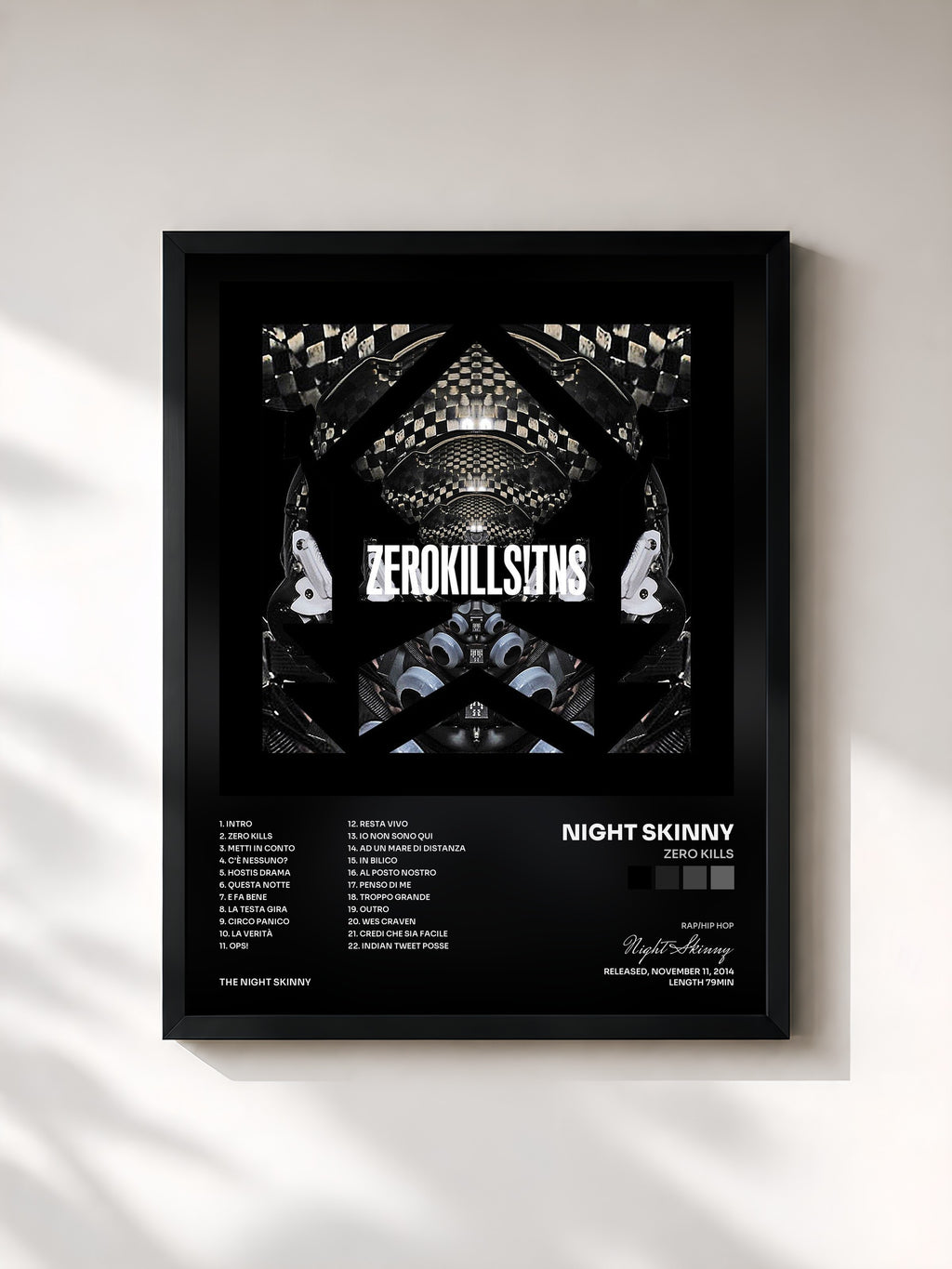 #noir Tableau de l'album Zero Kills de Night Skinny, cadre noir, imprimé et encadré en France