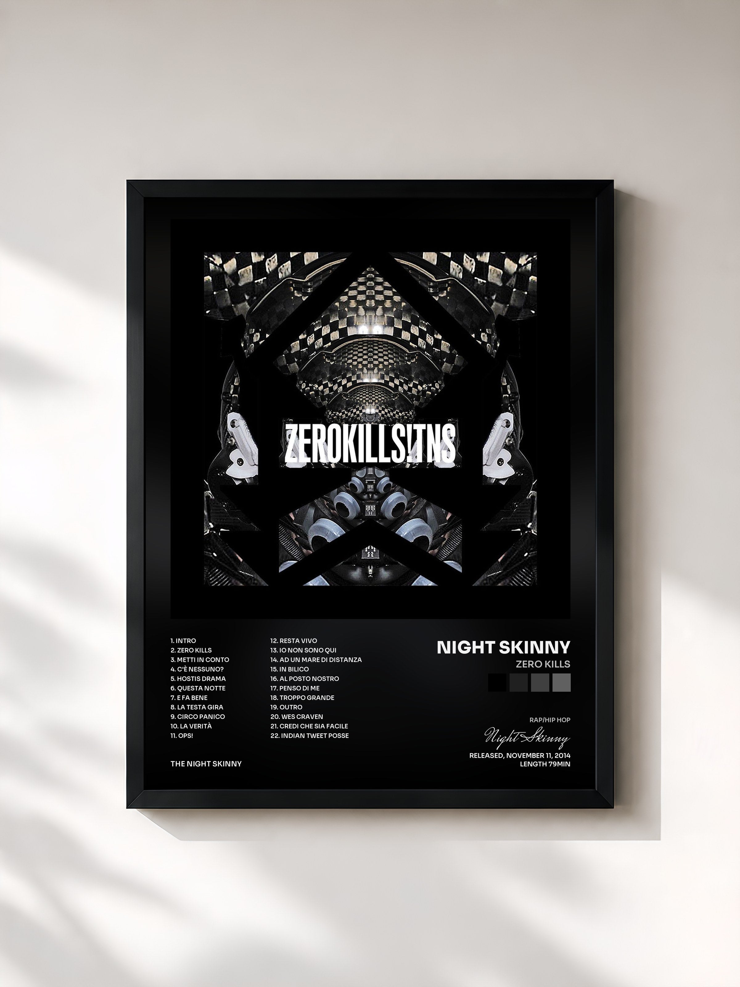#noir Tableau de l'album Zero Kills de Night Skinny, cadre noir, imprimé et encadré en France