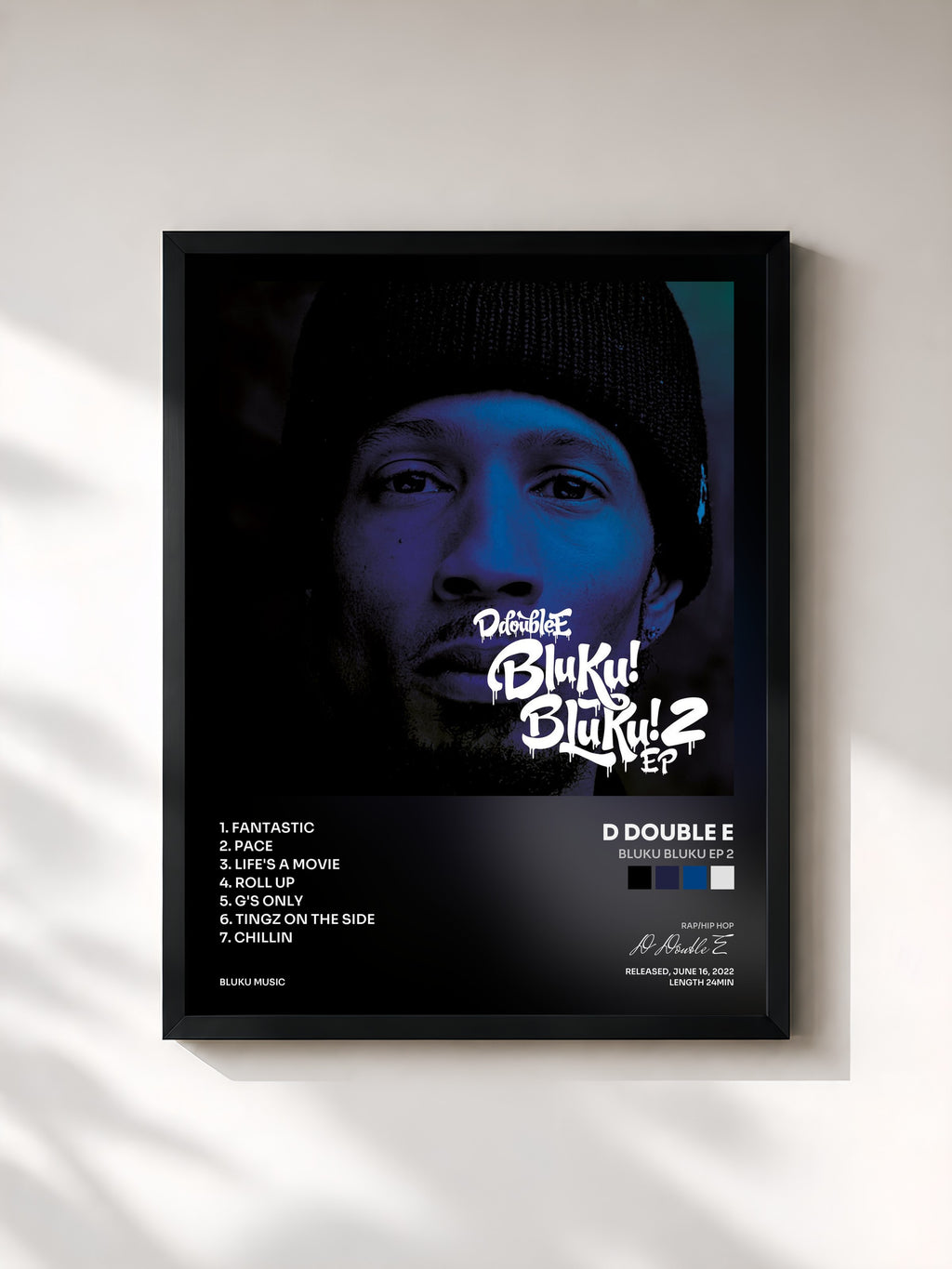 #noir Tableau de l'album Bluku Bluku EP 2 de D Double E, cadre noir, imprimé et encadré en France