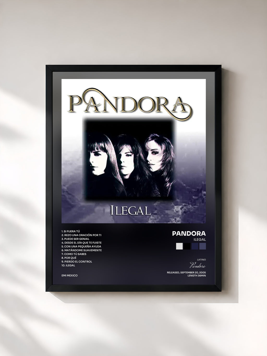 #noir Tableau de l'album Ilegal de Pandora, cadre noir, imprimé et encadré en France