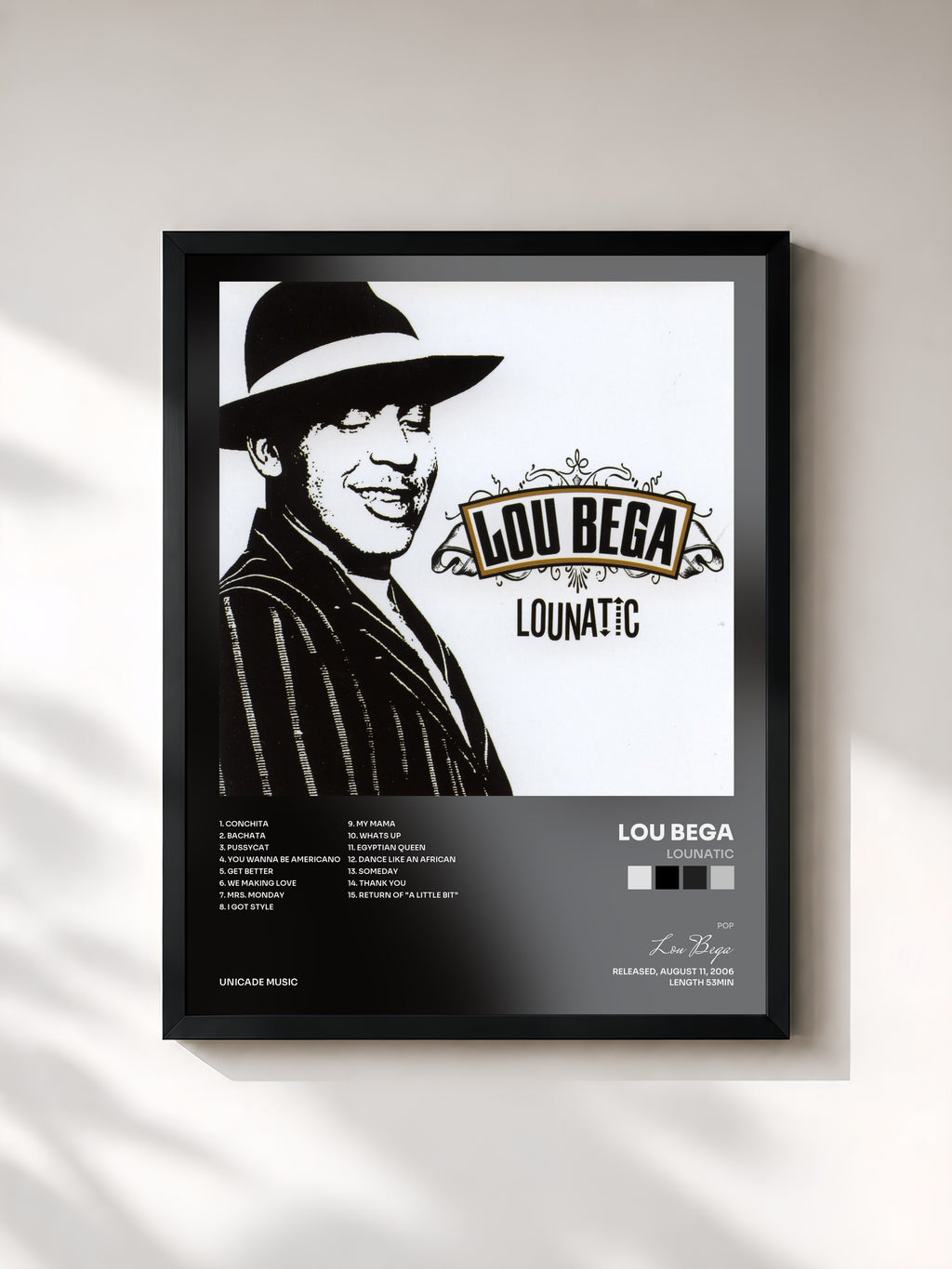 #noir Tableau de l'album Lounatic de Lou Bega, cadre noir, imprimé et encadré en France