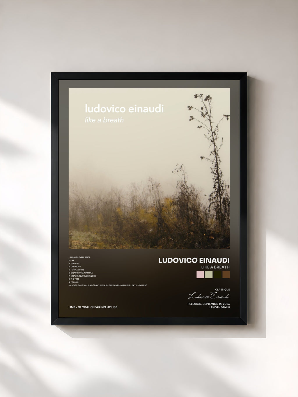 #noir Tableau de l'album Like A Breath de Ludovico Einaudi, cadre noir, imprimé et encadré en France