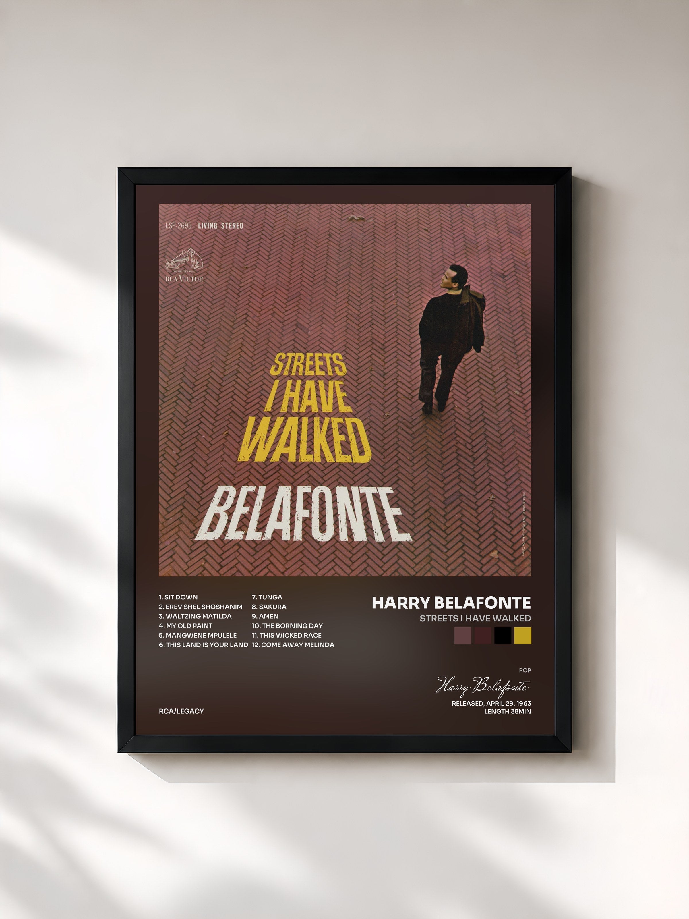 #noir Tableau de l'album Streets I Have Walked de Harry Belafonte, cadre noir, imprimé et encadré en France